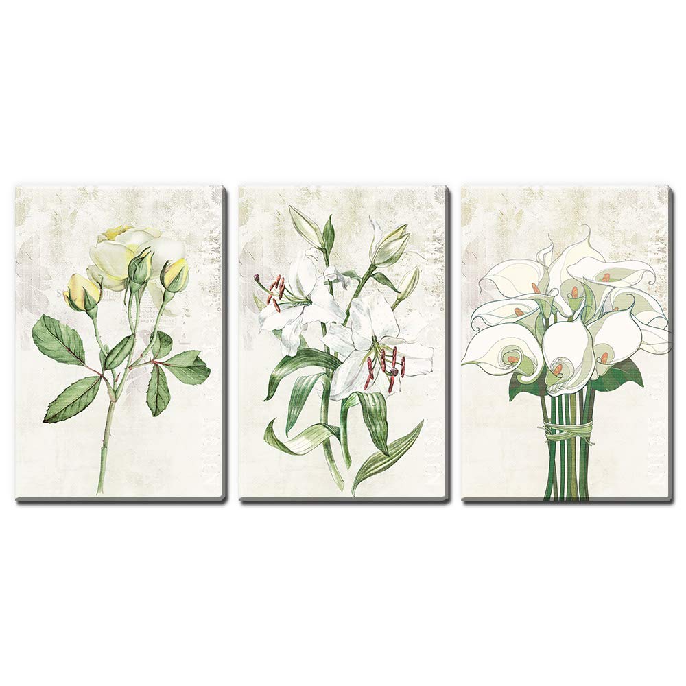 Vintage Style White Flowers 3-Panel Canvas Wall Art - 24