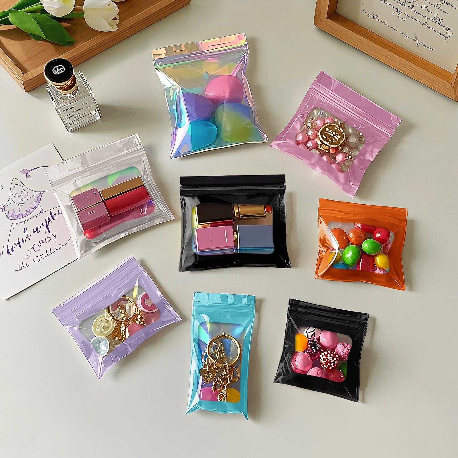 100-Pack Smell Proof Mylar Bags - Resealable Holographic Storage Pouch with Clear Window for Food, Eyelashes, Jewelry & Electronics (Pink, 2.8
