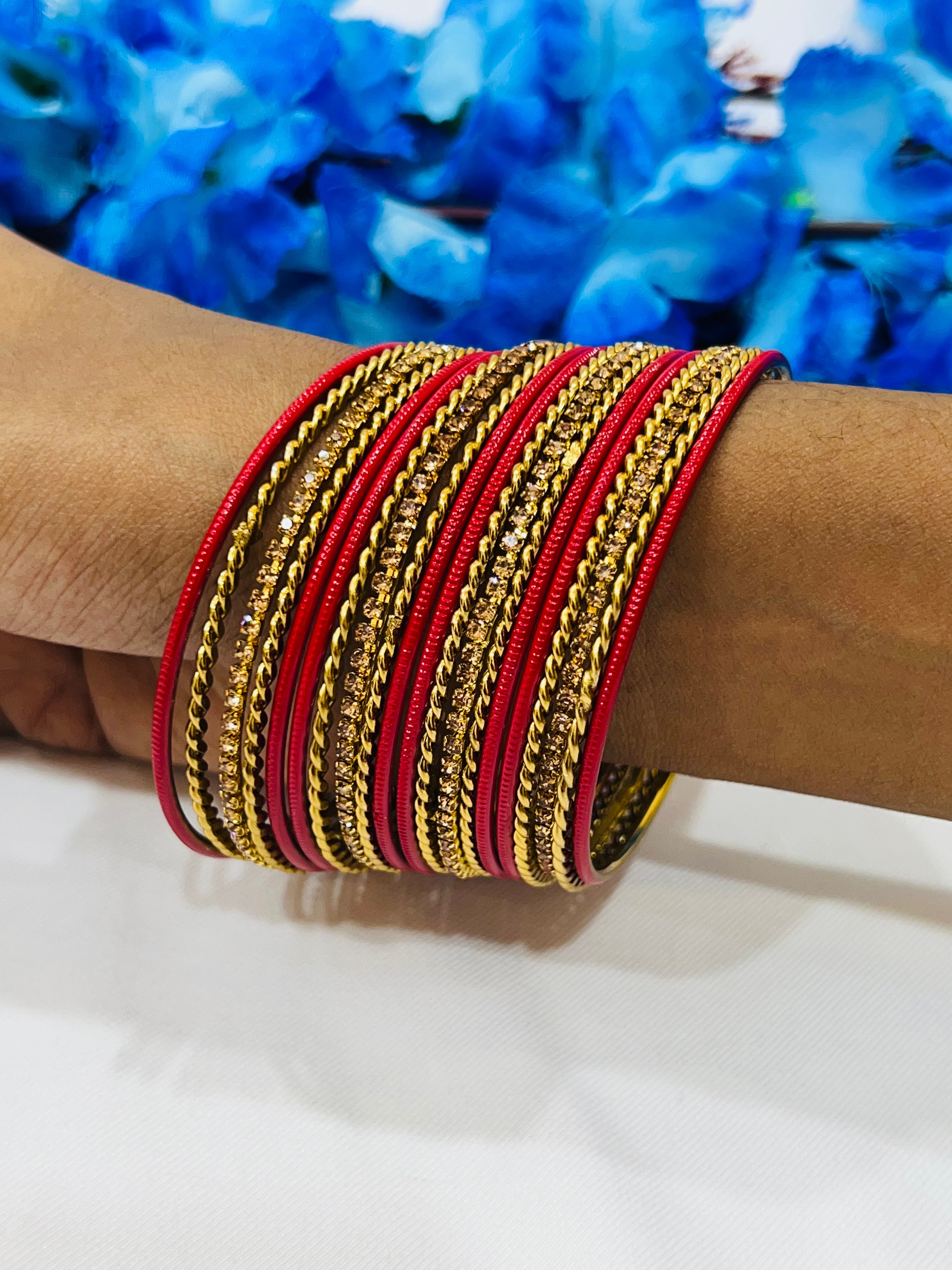 Elegant Red Metal Bangles with Glimmer Stones for Women | Stylish Fashion Jewelry for Parties, Weddings & Everyday Wear