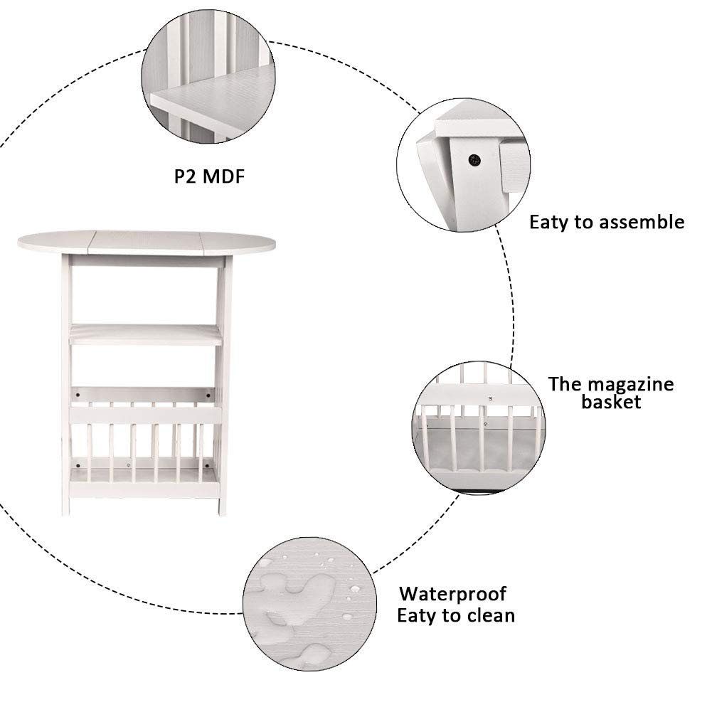 Foldable Wooden Side End Table with Magazine Rack - Multi-Functional Storage Accent Table & Rotating Top Nightstand for Living Room, Bedroom, Home Office (White) - Perfect for Small Spaces, Reading Nooks & Coffee Table Organization