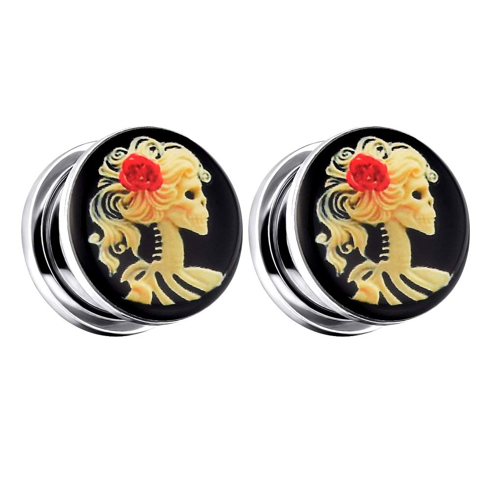 Qmcandy 1 Pair Skull Ear Tunnels for Women - Skeleton Ear Plugs & Expander Gauges (2g-13/16 inch) - Gothic Punk Jewelry for Concerts, Parties & Alternative Fashion