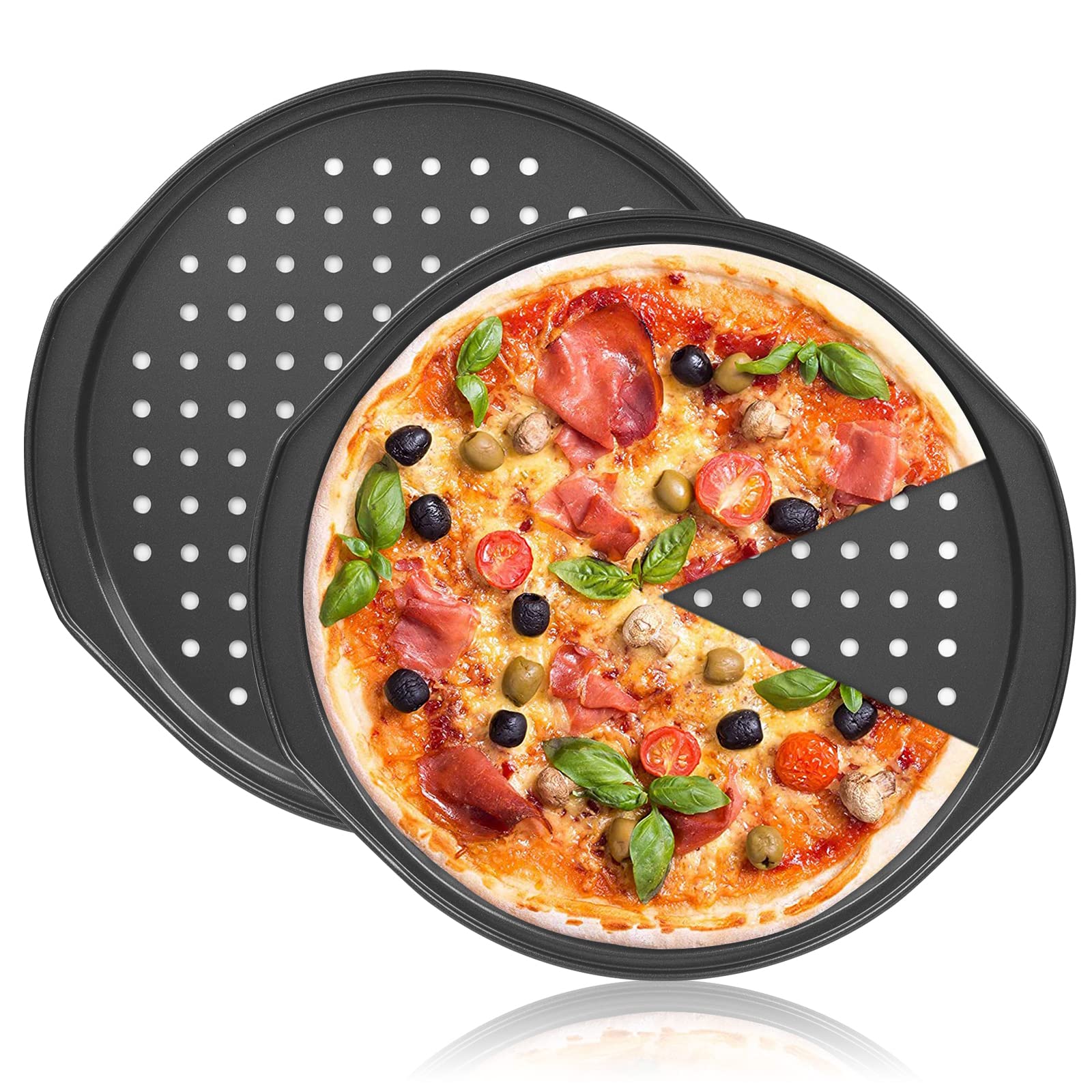 Beasea 2 Pack 12 Inch Non-Stick Carbon Steel Pizza Pan with Holes - Round Crisper Baking Tray for Home, Kitchen & Restaurant Oven - Perfect for Homemade Pizza, Bread, Cookies & Baking Parties