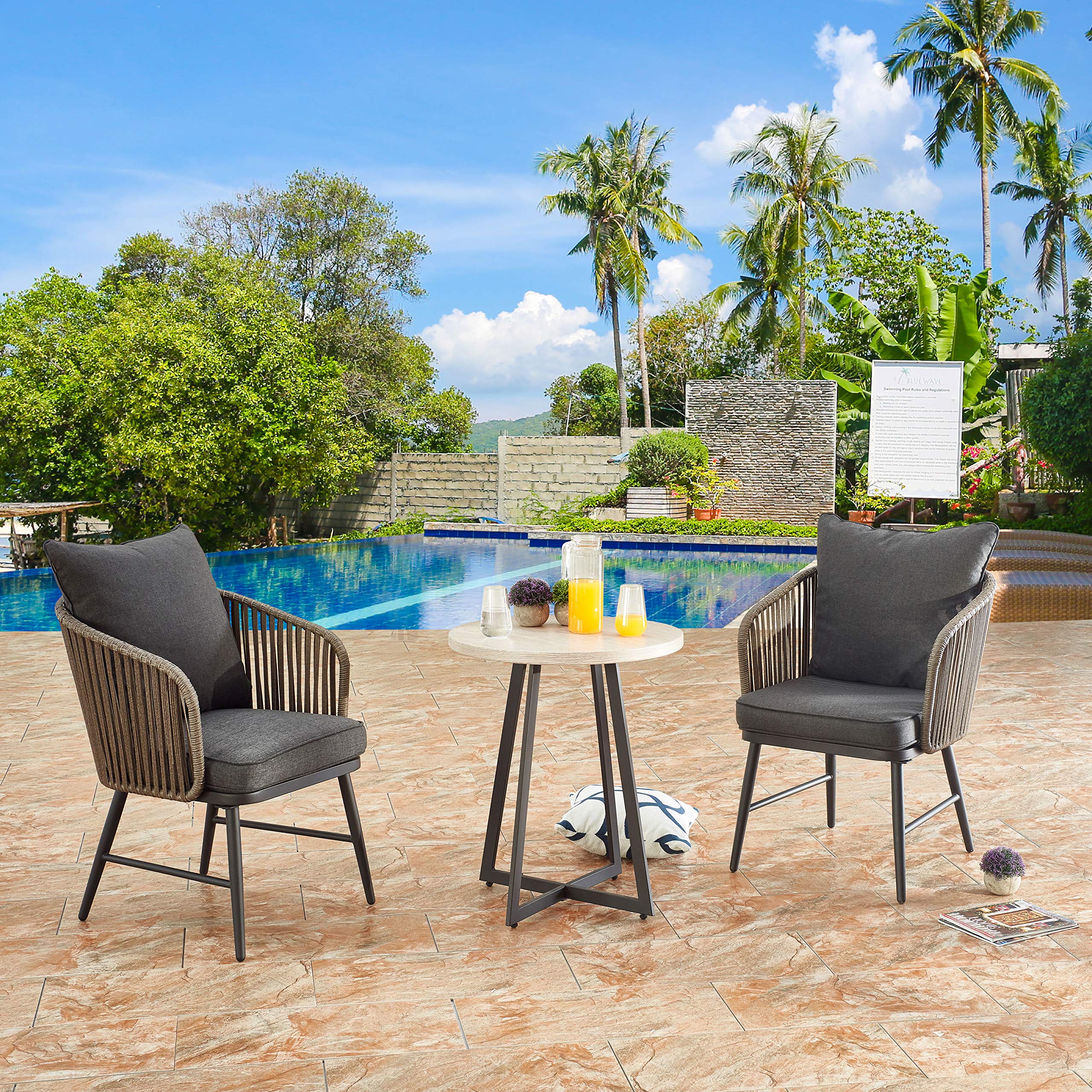 LOKATSE HOME 3-Piece Outdoor Patio Rattan Wicker Bistro Set with Table - Grey Balcony Furniture for Porch, Garden, Poolside & Backyard Relaxation