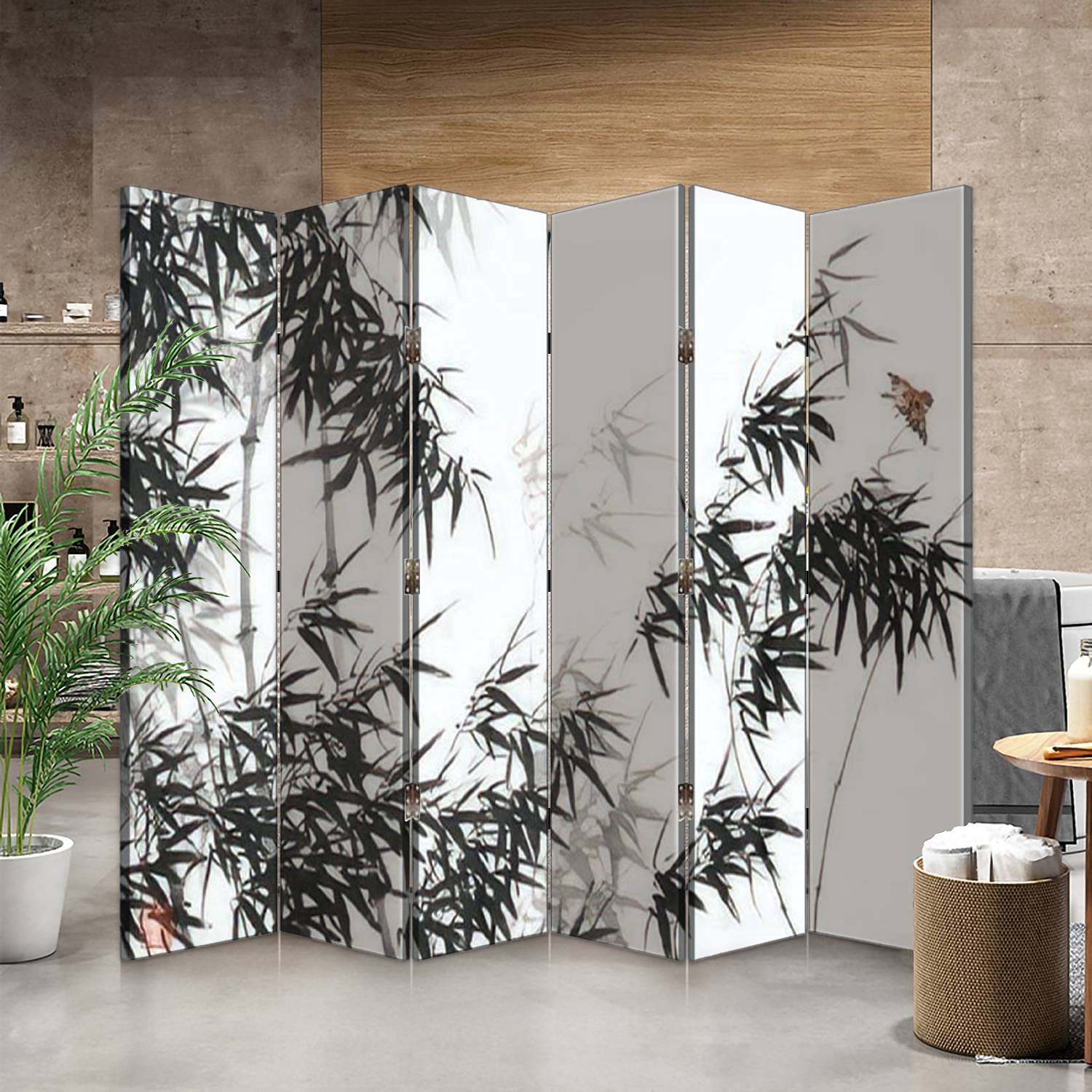 6-Panel Bamboo Canvas Room Divider with Chinese Ink Wash Painting - Folding Privacy Screen for Bedroom, Office & Living Room Separator | Home Decor Partition Wall
