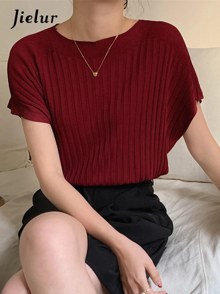 Batwing Sleeve Knitted Women's Blouse - Slash Neck Solid Color Summer Top | Korean Style Fashion Chic Tops for Casual Wear, Office & Date Night Outfits