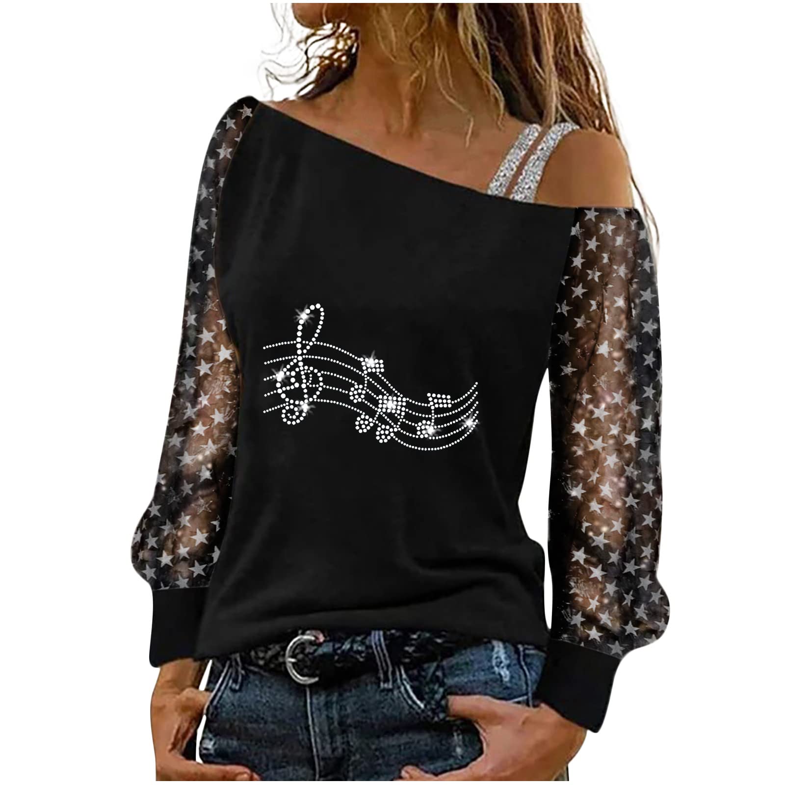 NaRHbrg Women's Cold Shoulder Blouse - Mesh Long Sleeve Lace Top with Rhinestone Details | Sexy Casual Loose Fit Graphic Tee for Party, Date Night & Everyday Wear