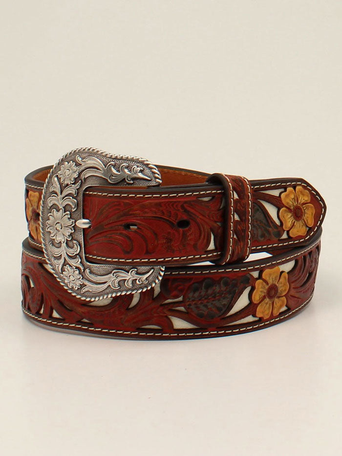 Nocona N320003504 Women's Red Flower Embossed Overlay Leather Belt - Western Style Fashion Accessory for Jeans, Dresses & Cowgirl Outfits