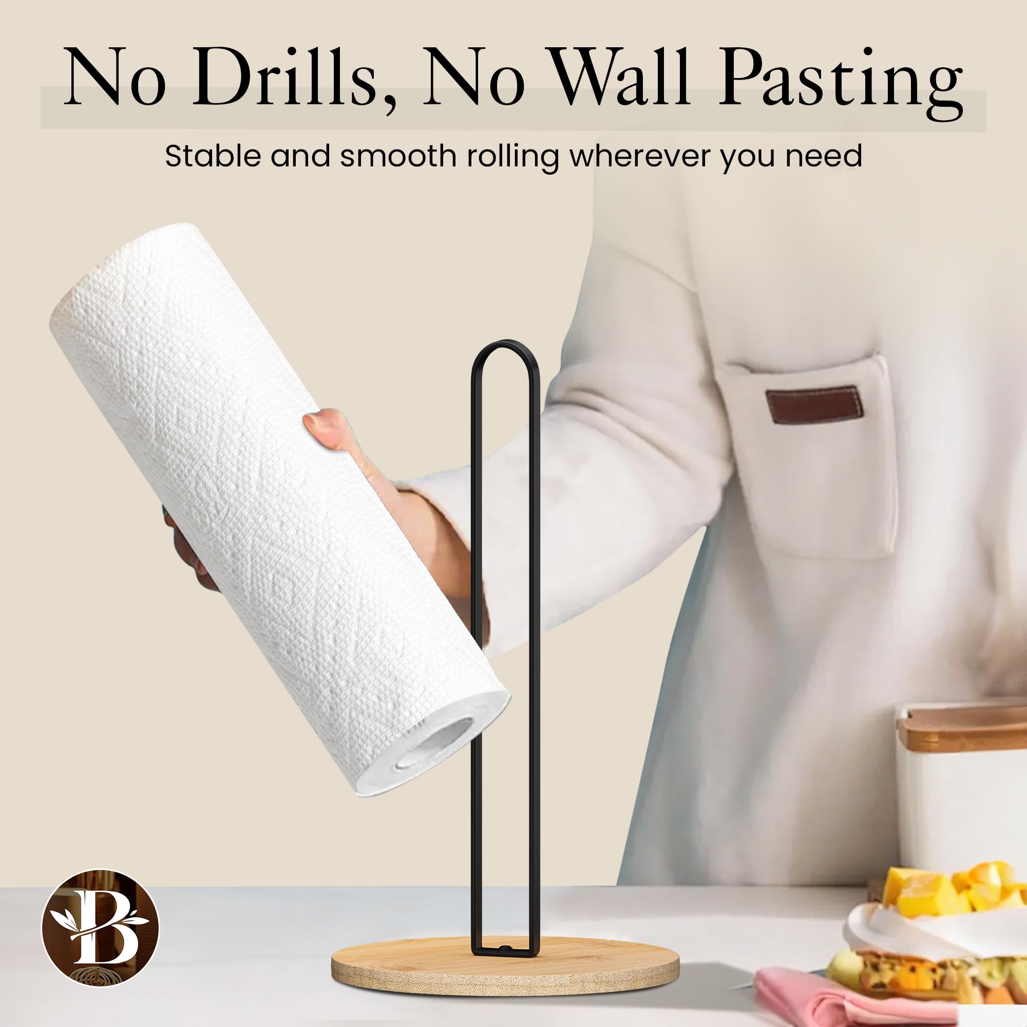 Premium Wooden Paper Towel Holder with Non-Slip Base - Modern Minimalist Countertop Dispenser for Kitchen, Home & Office - Black Bamboo Stand by Bambüsi - Perfect for Easy Access & Stylish Organization