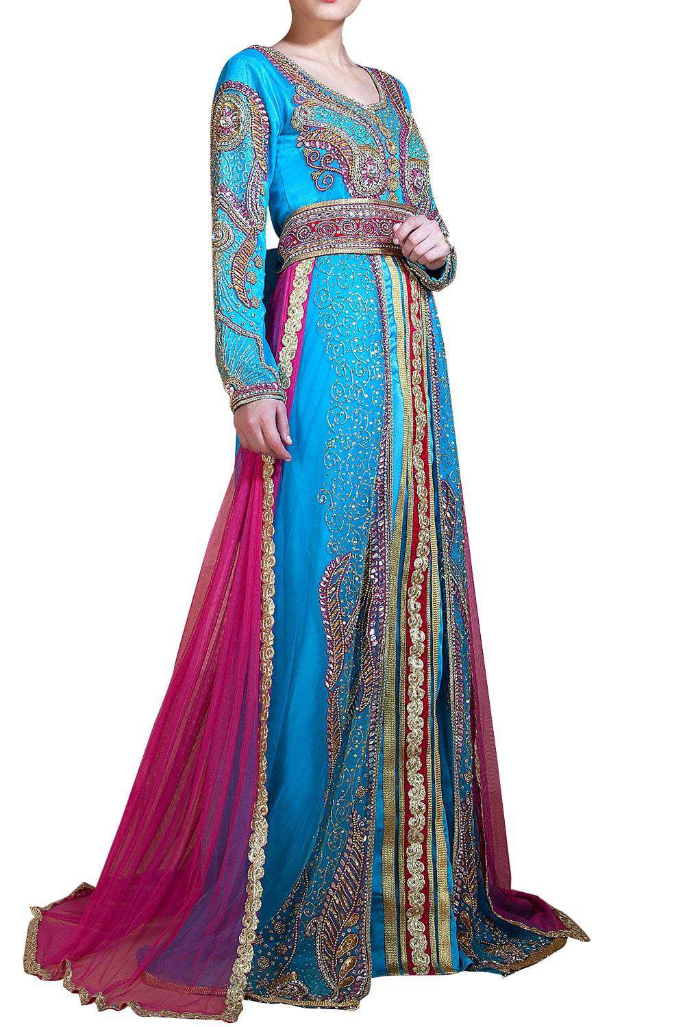 Elegant Arabic Long Sleeve Wedding Caftan - Ferozi & Dark Pink Designer Abaya for Bridal Ceremonies | Perfect for Weddings, Engagement Parties & Special Occasions