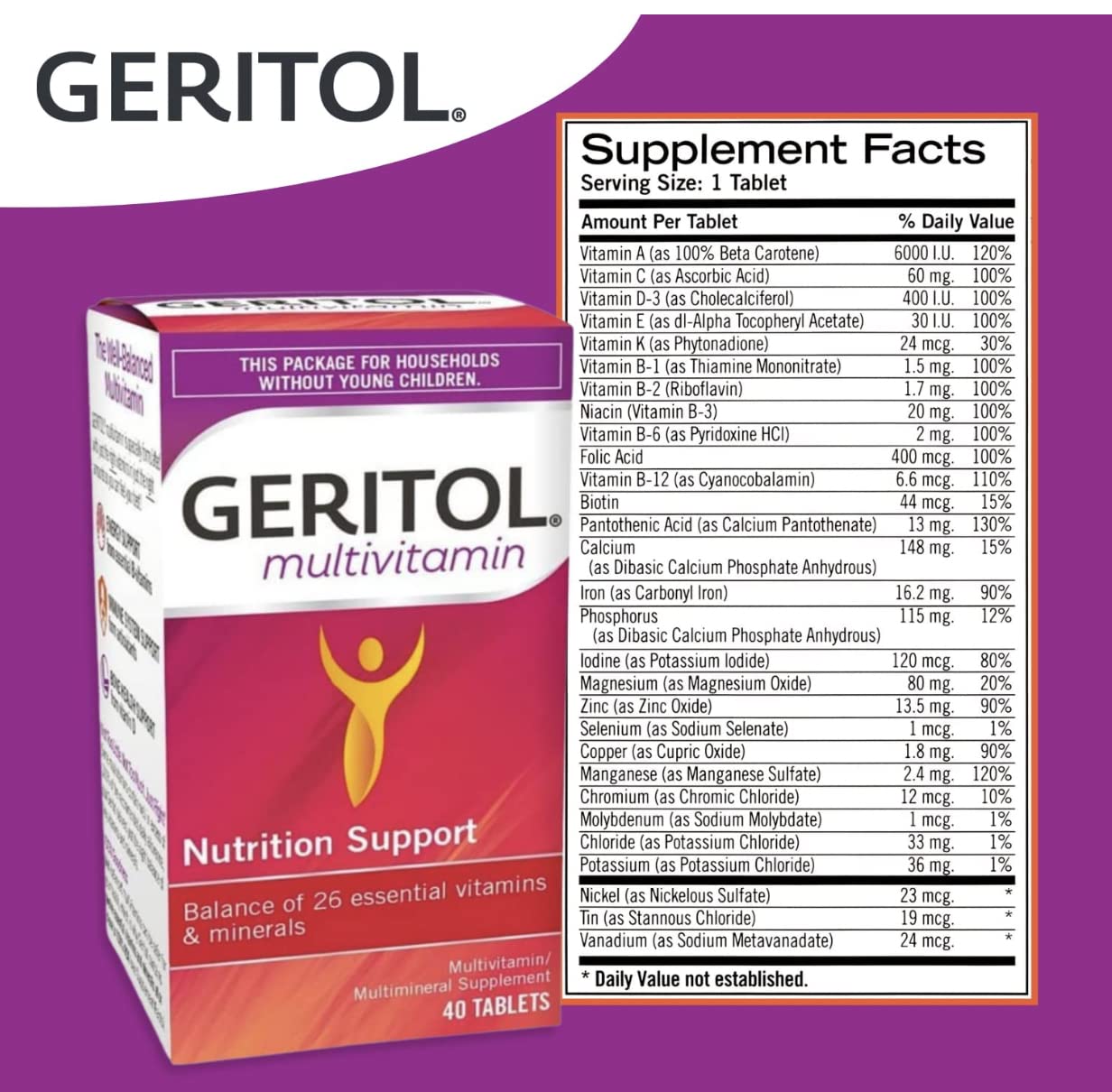 Geritol Multivitamin Supplement with B-Vitamins, Antioxidants, Vitamins C, E & D, Iron - 26 Essential Vitamins & Minerals - Gluten Free, Non-GMO, No Artificial Sweeteners - 40 Tablets - Supports Energy, Immunity & Overall Health for Active Adults