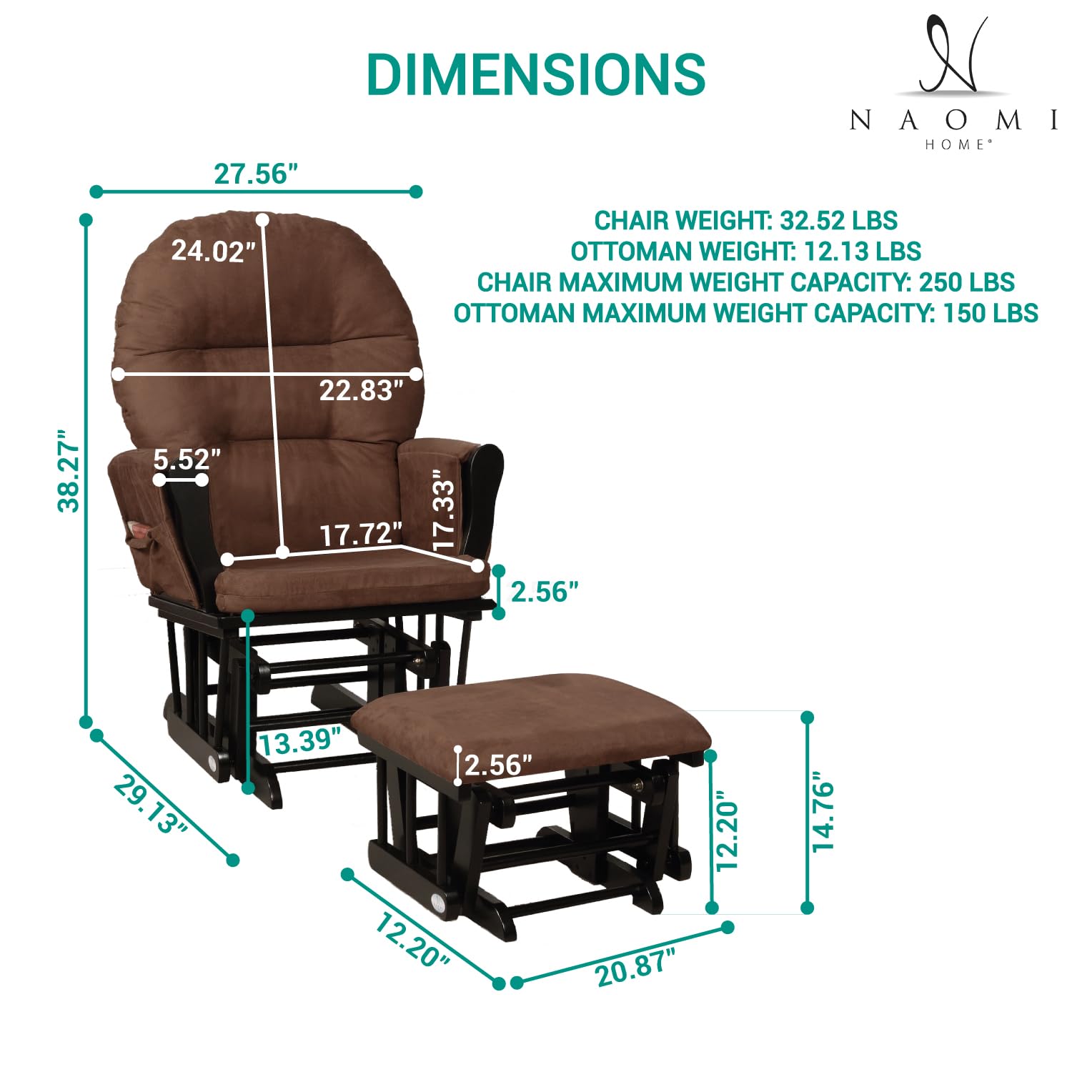 Brisbane Nursery Glider & Ottoman Set - Reclining Rocking Chair for Breastfeeding, Maternity & Napping - Black/Chocolate - Perfect for Nursery, Baby Room & Parenting Comfort