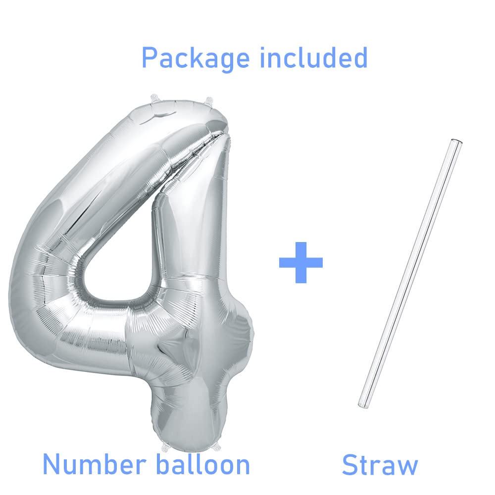 42 Inch Silver Foil Number 4 Balloon for Birthday Parties, Anniversaries & Special Celebrations - Large Metallic Helium Balloon Decorations