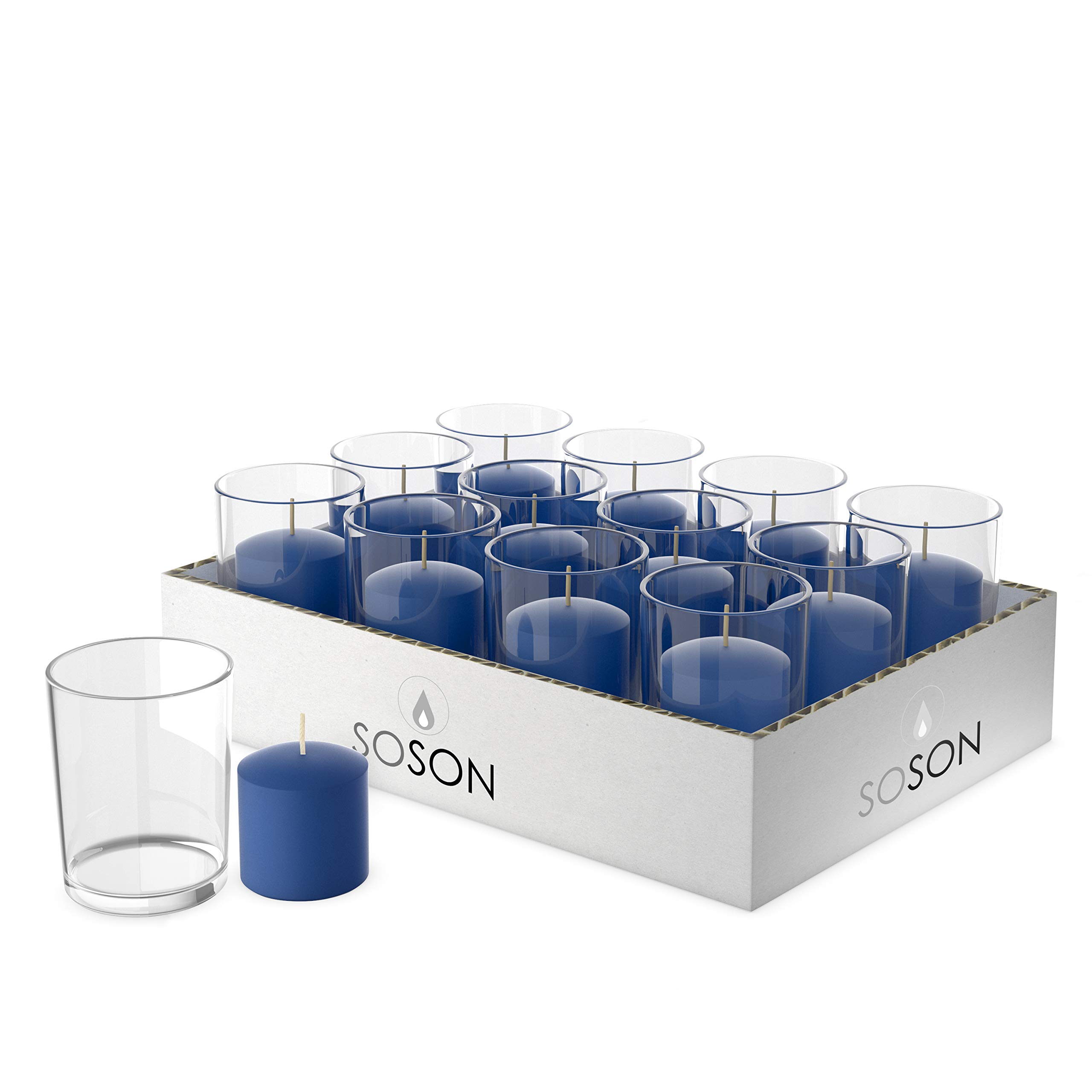 Simply Soson Bulk Votive Candles - 24 Pack Blue Unscented Candles with Glass Holders, 10 Hour Burn Time - Perfect for Weddings, Birthdays, Holidays & Home Decor - Ideal for Romantic Dinners, Spa Nights & Relaxation