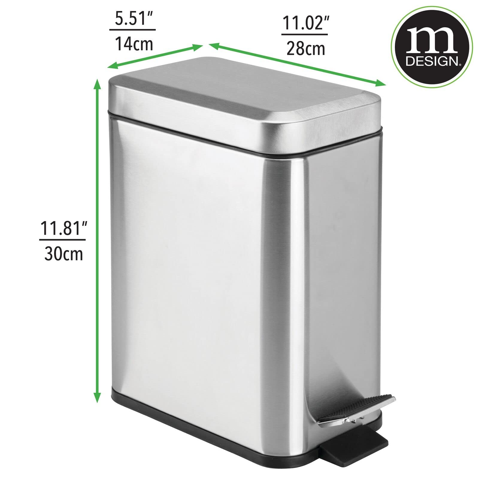 mDesign Rectangular Step-Open Wastebasket Trash Can - Brushed Stainless Steel Garbage Bin for Kitchen, Bathroom, Office & Home Use