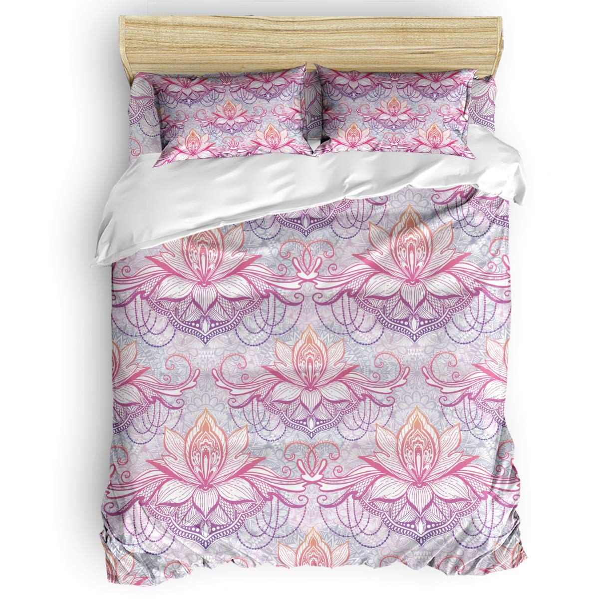 4 Piece Queen Size Bedding Set - Mandala Floral Comforter Cover with 2 Pillowcases, Soft Bed Sheets for Kids & Teens (Boys/Girls) - Perfect for Bedroom Decor, Dorm Room Essentials & Gift Ideas