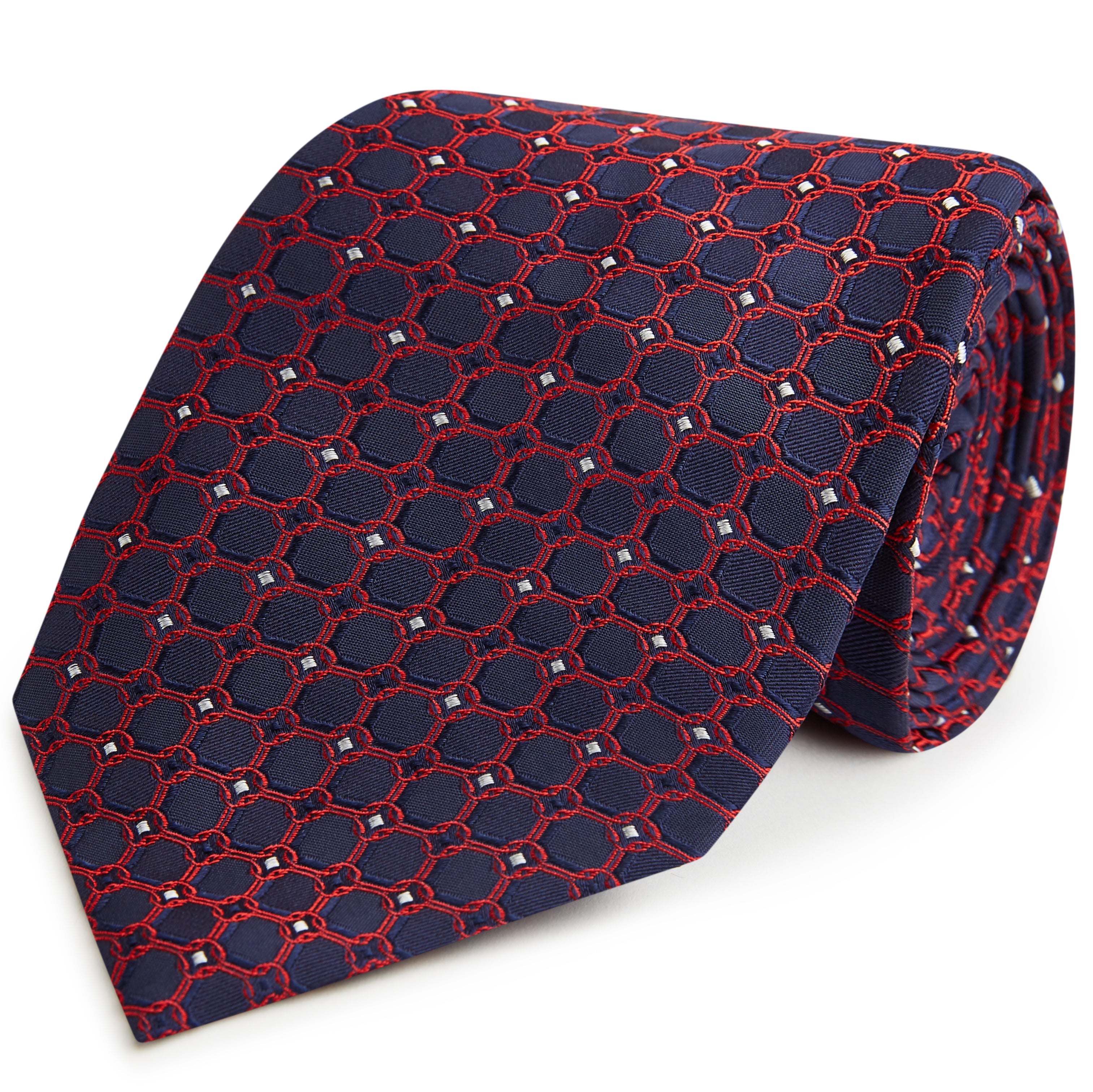 Navy and Red Chain Jacquard Woven Silk Tie for Men - Elegant Formal Necktie for Business, Weddings & Special Occasions