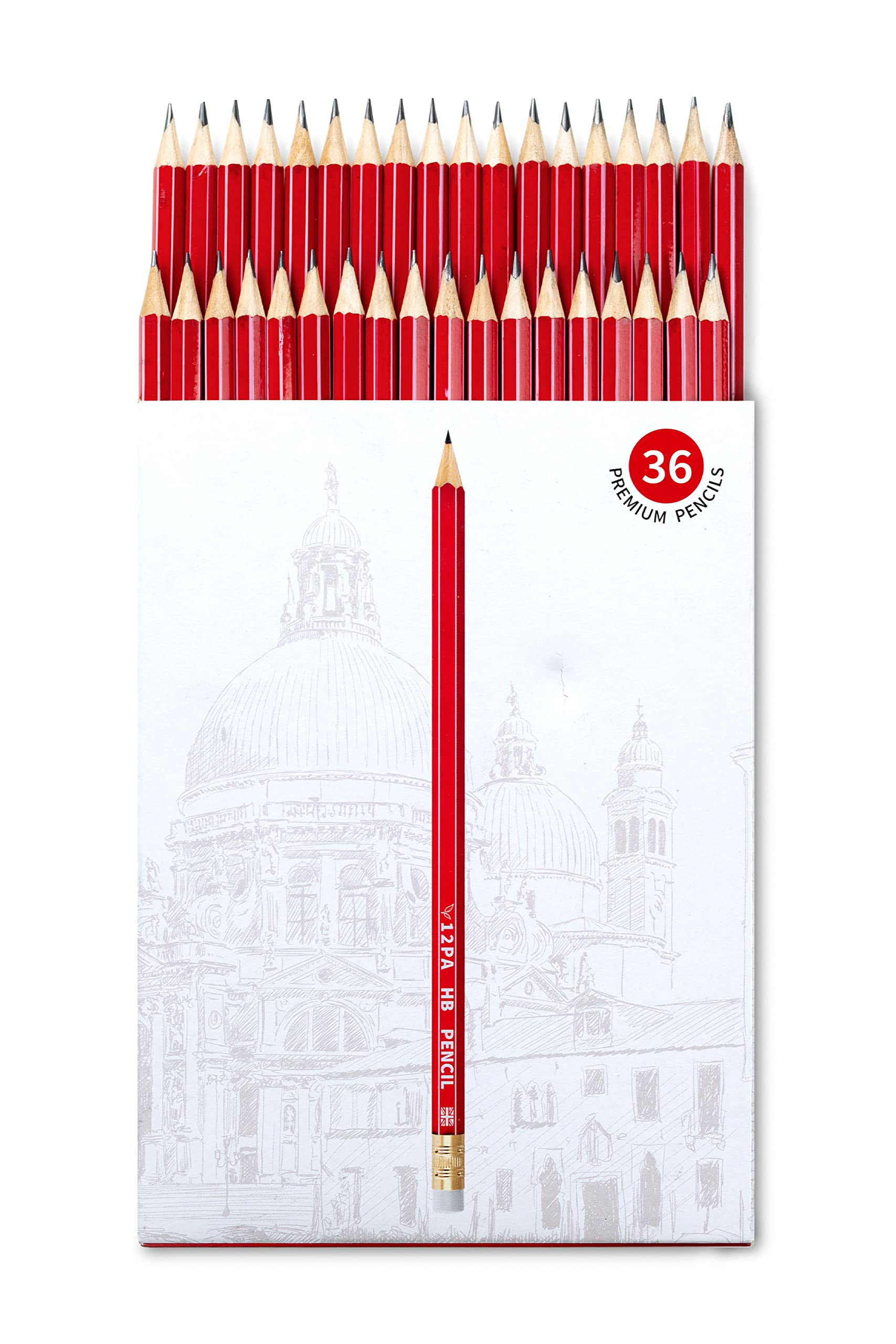 12-Pack HB Pencils with Erasers - 36 Pre-Sharpened Wooden Pencils for School, Office & Construction Work - #2 Graphite Writing Pencils with White Eraser Tips - Perfect for Students, Teachers & Professionals (36 Count)