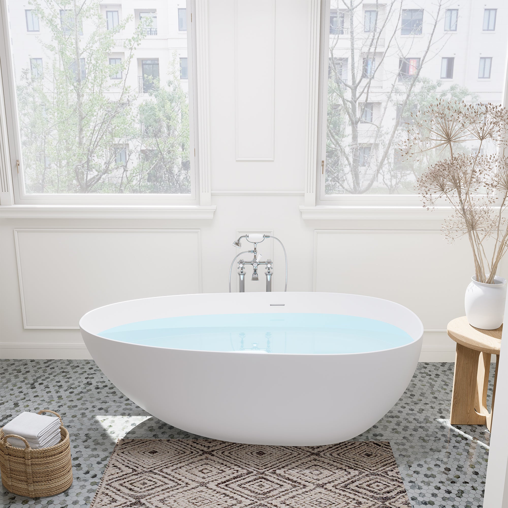 Giotto Matte White Solid Surface Soaking Bathtub with Integrated Overflow and Matte White Drain - Perfect for Modern Bathrooms, Spa-Like Relaxation at Home