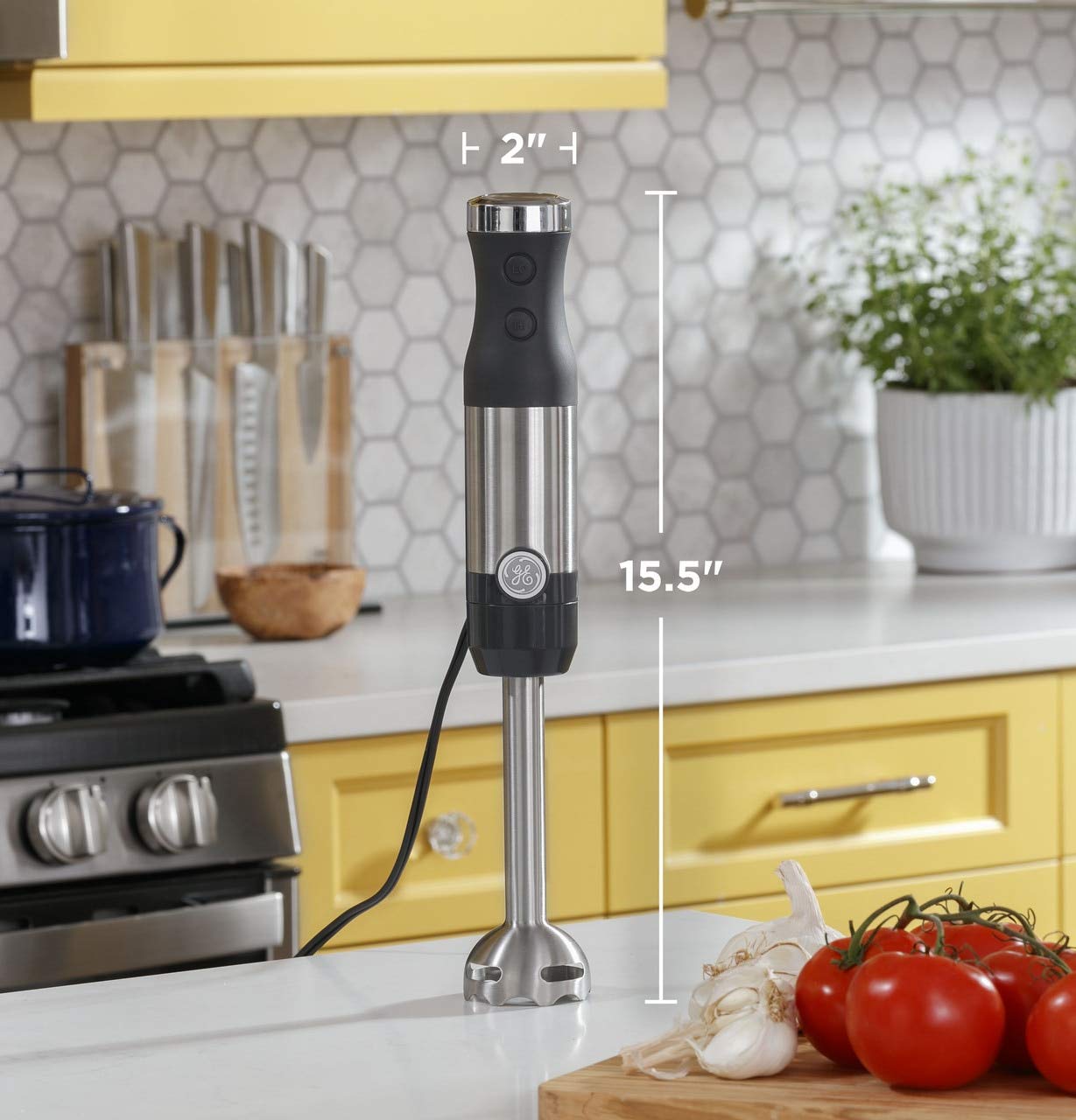 GE Immersion Blender 500W - 2-Speed Handheld Blender with Whisk & Blending Jar - Stainless Steel Shaft for Smoothies, Baby Food, Soups & Baking - Easy Clean Interchangeable Attachments - Perfect for Kitchen, Restaurant & Home Use
