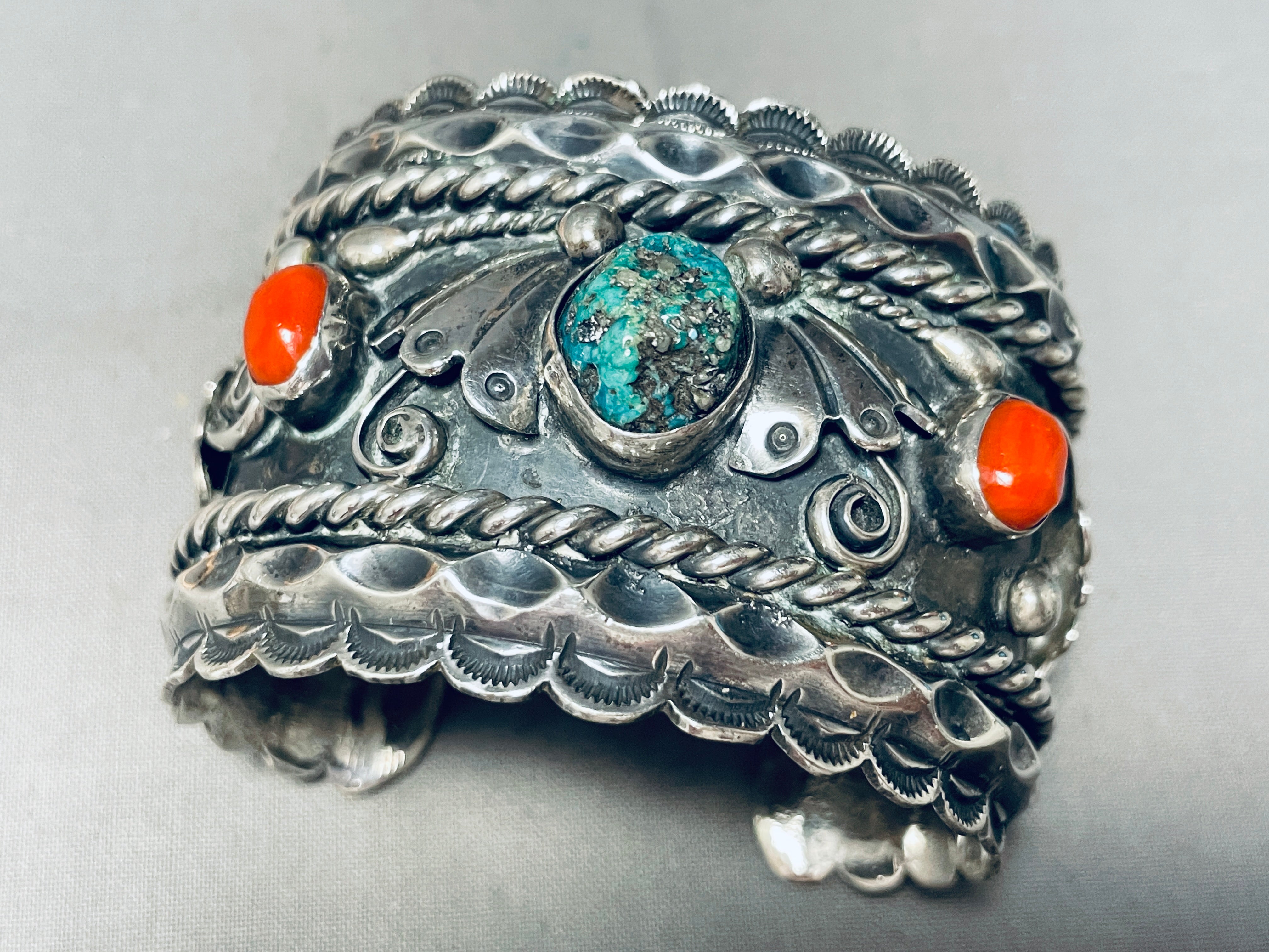 128 Grams Vintage Native American Navajo Turquoise Coral Sterling Silver Bracelet - Handmade Jewelry for Women, Boho Chic Accessories, Perfect for Festivals & Special Occasions