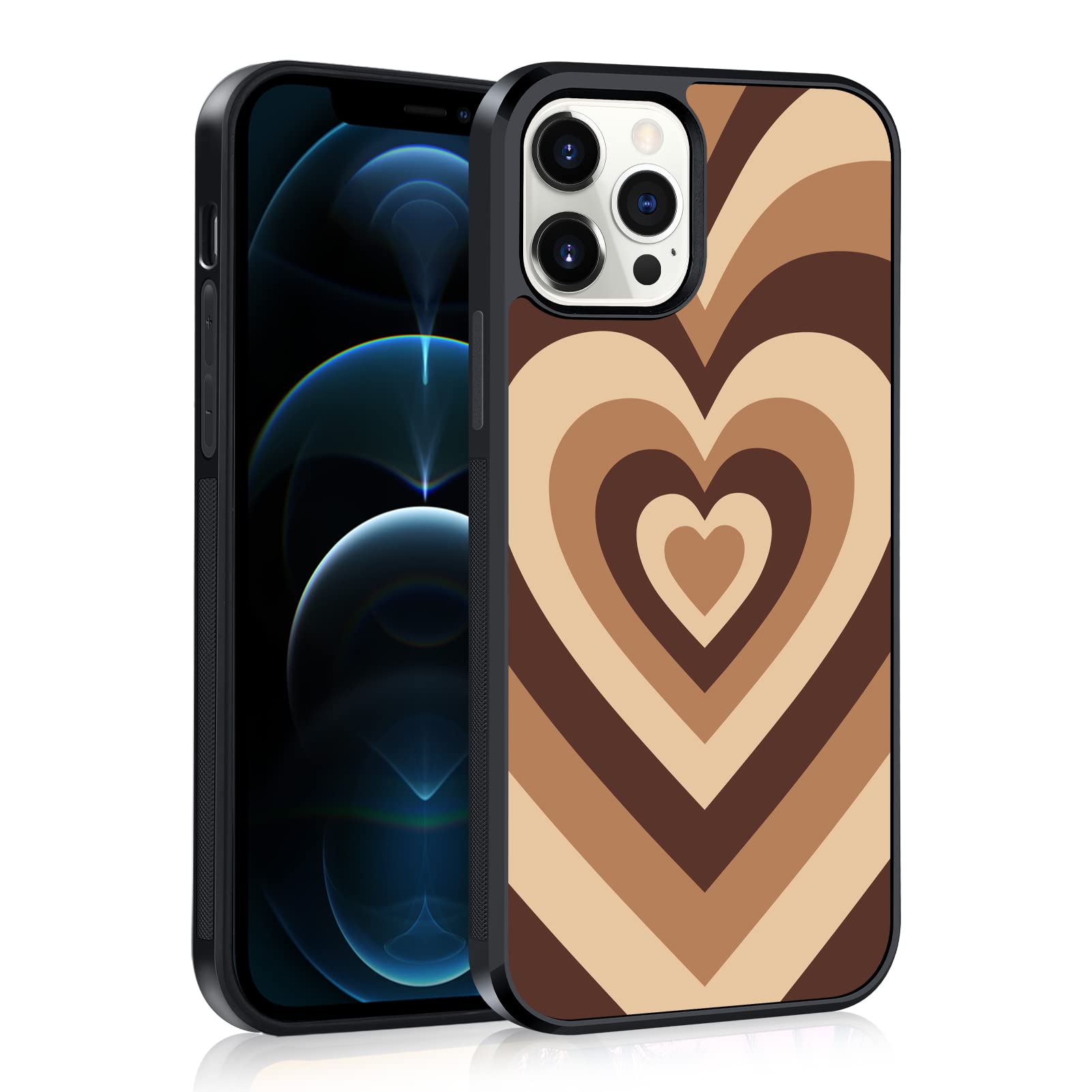 Shockproof iPhone 12 Pro Max Case with Brown Heart Design - Anti-Slip Tire Tread Pattern, Wireless Charging Compatible Hard Protective Cover for Women & Girls | Perfect for Daily Use, Travel & Outdoor Activities