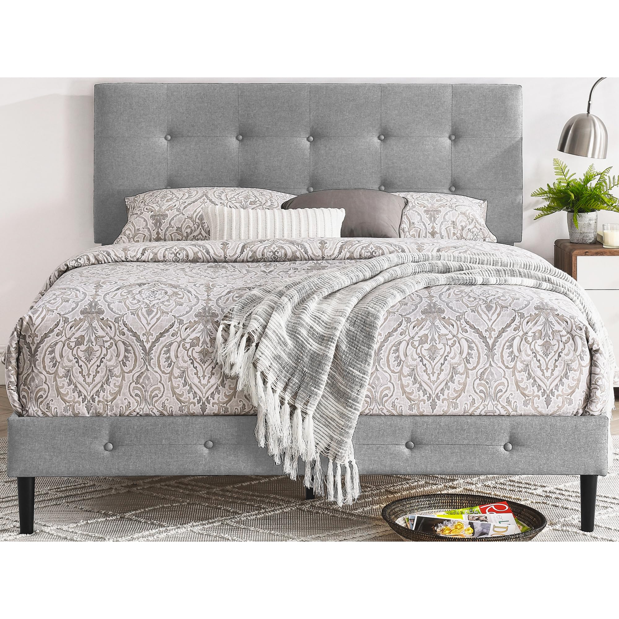 Cambridge Upholstered Wooden Platform Bed Frame with Headboard - King Size, Gray - Modern Bedroom Furniture for Master Suite & Guest Room
