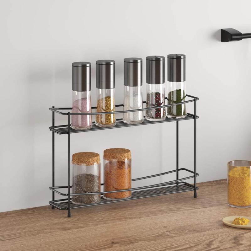 2 Tier Spice Rack Organizer - Matt Black Metal Spice Shelf for Kitchen Countertop - Perfect for Storing Spices, Seasonings & Small Jars in Pantry or Cabinet