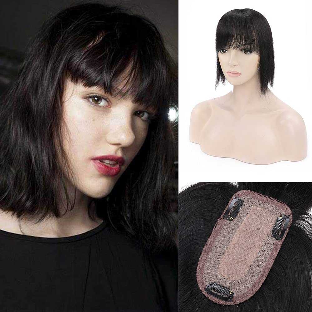 MY-LADY Human Hair Toppers for Women - 150% Density Remy Hair Topper with Silk Base & Bangs - 7x13cm Clip-in Hairpiece for Thinning Hair - 18 Inch Straight #1B Natural Black - Perfect for Daily Wear, Parties & Special Occasions