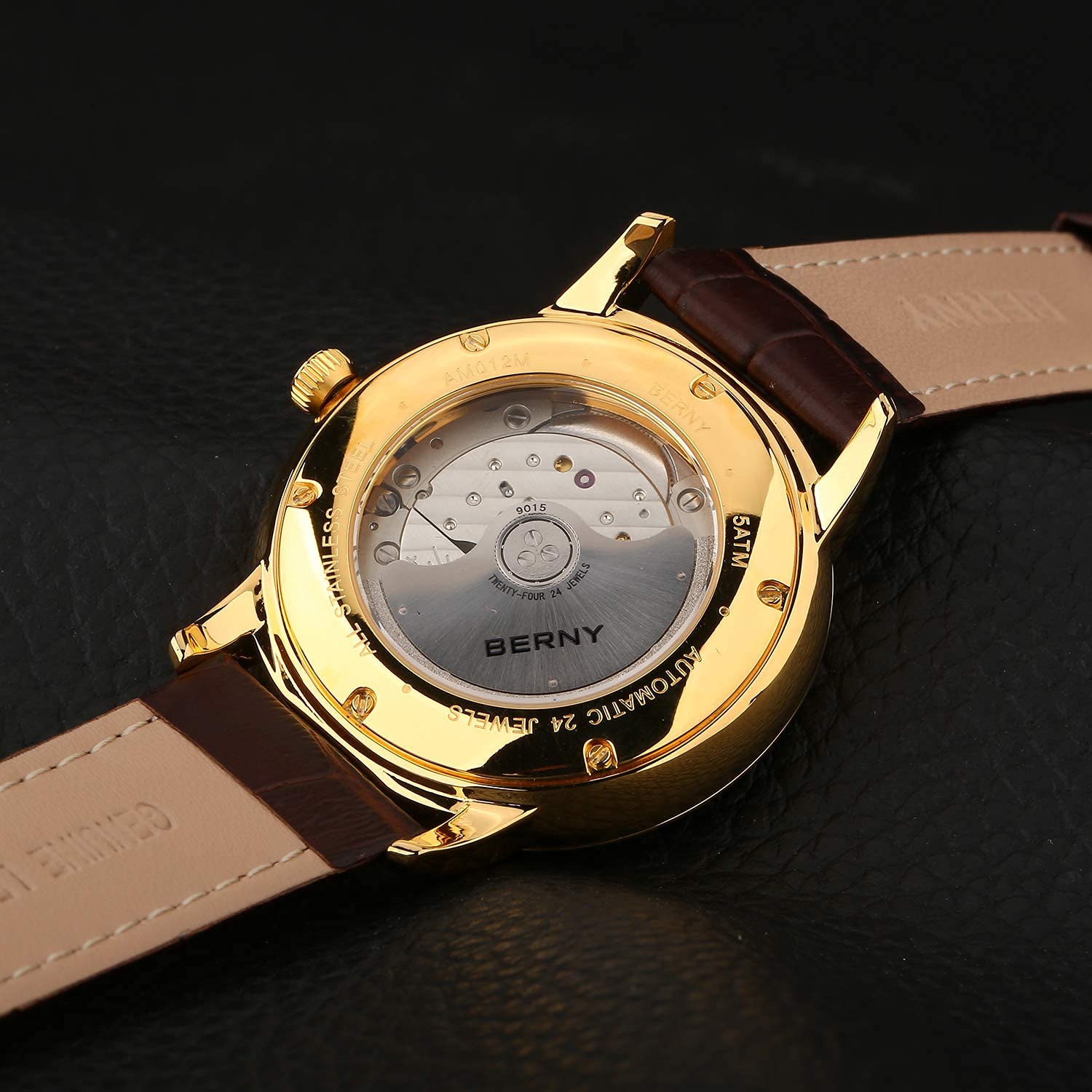 BERNY Ultra Thin Automatic Watch for Men - Minimalist Design with Genuine Leather Strap - Water Resistant Dress Watch for Business, Office & Formal Occasions