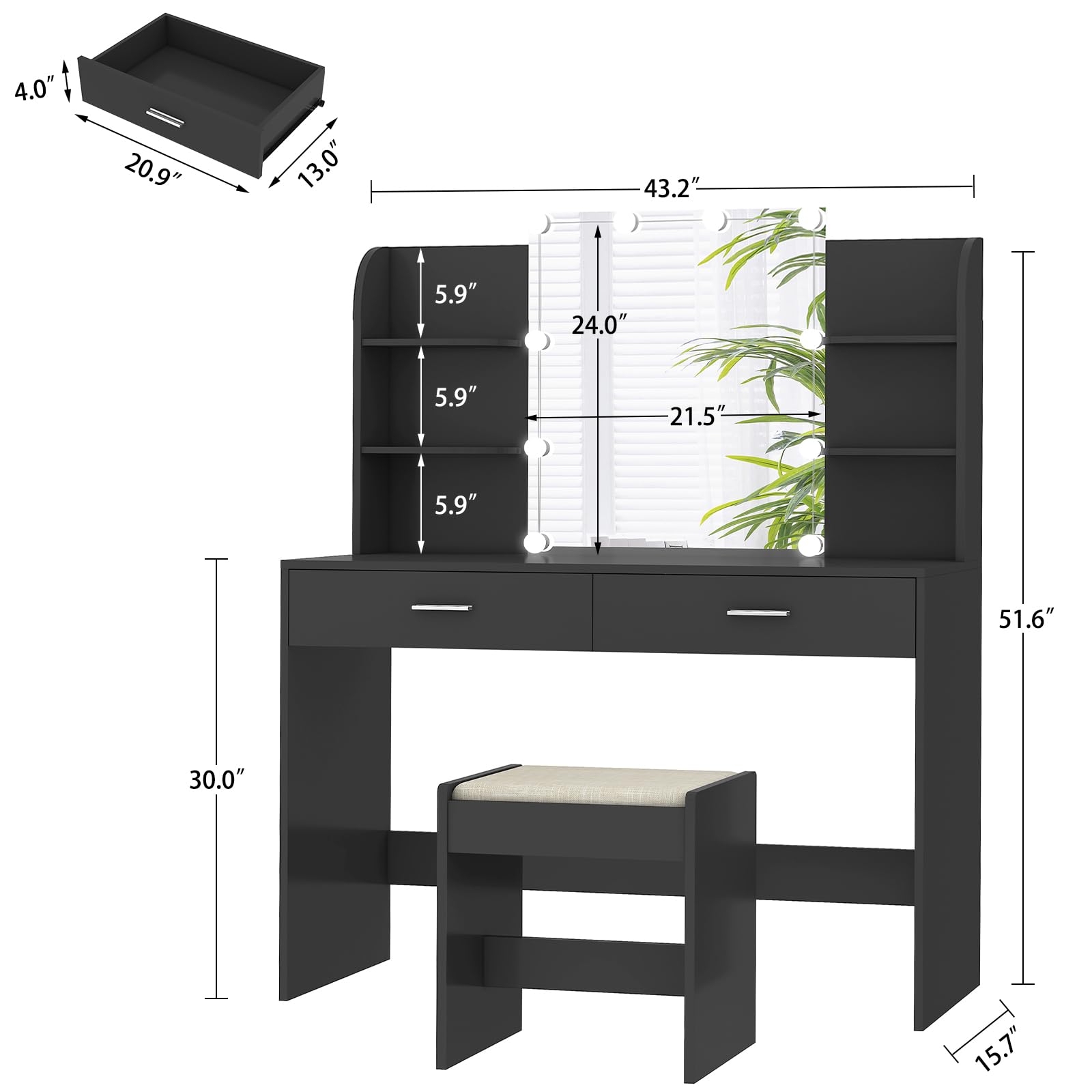 USIKEY Makeup Vanity Desk with LED Mirror & 10 Lights - Dressing Table Set with 2 Drawers, Open Shelves & Cushioned Stool (Black) - Perfect for Bedroom, Bathroom & Beauty Salon Organization