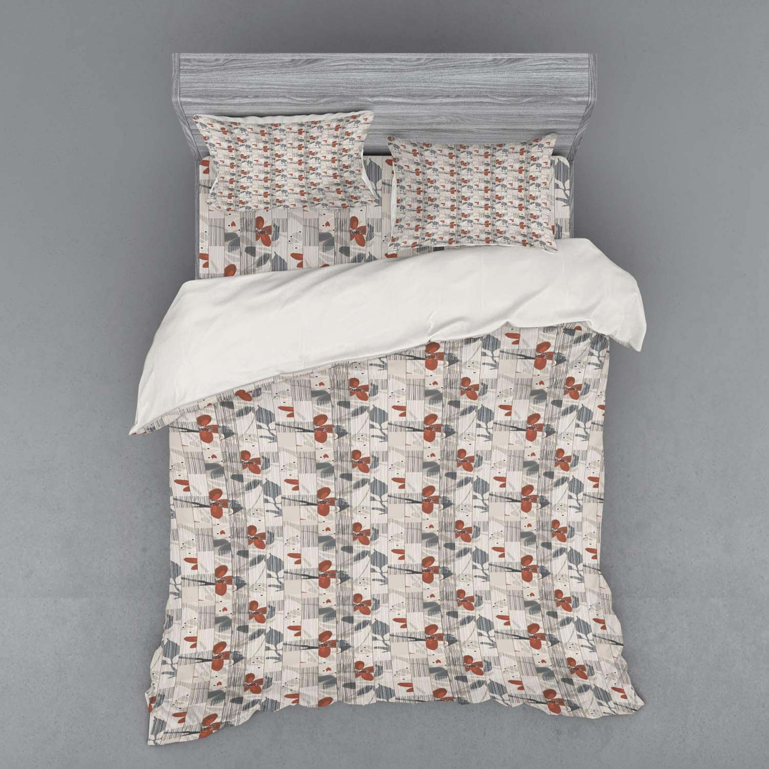 Ambesonne Abstract Floral Duvet Cover Set - 4 Piece Queen Size Bedding with Shams & Fitted Sheet, Dark Taupe Ruby - Romantic Blooming Spring Design with Vertical Lines | Perfect for Master Bedroom, Guest Room & Spring Home Decor