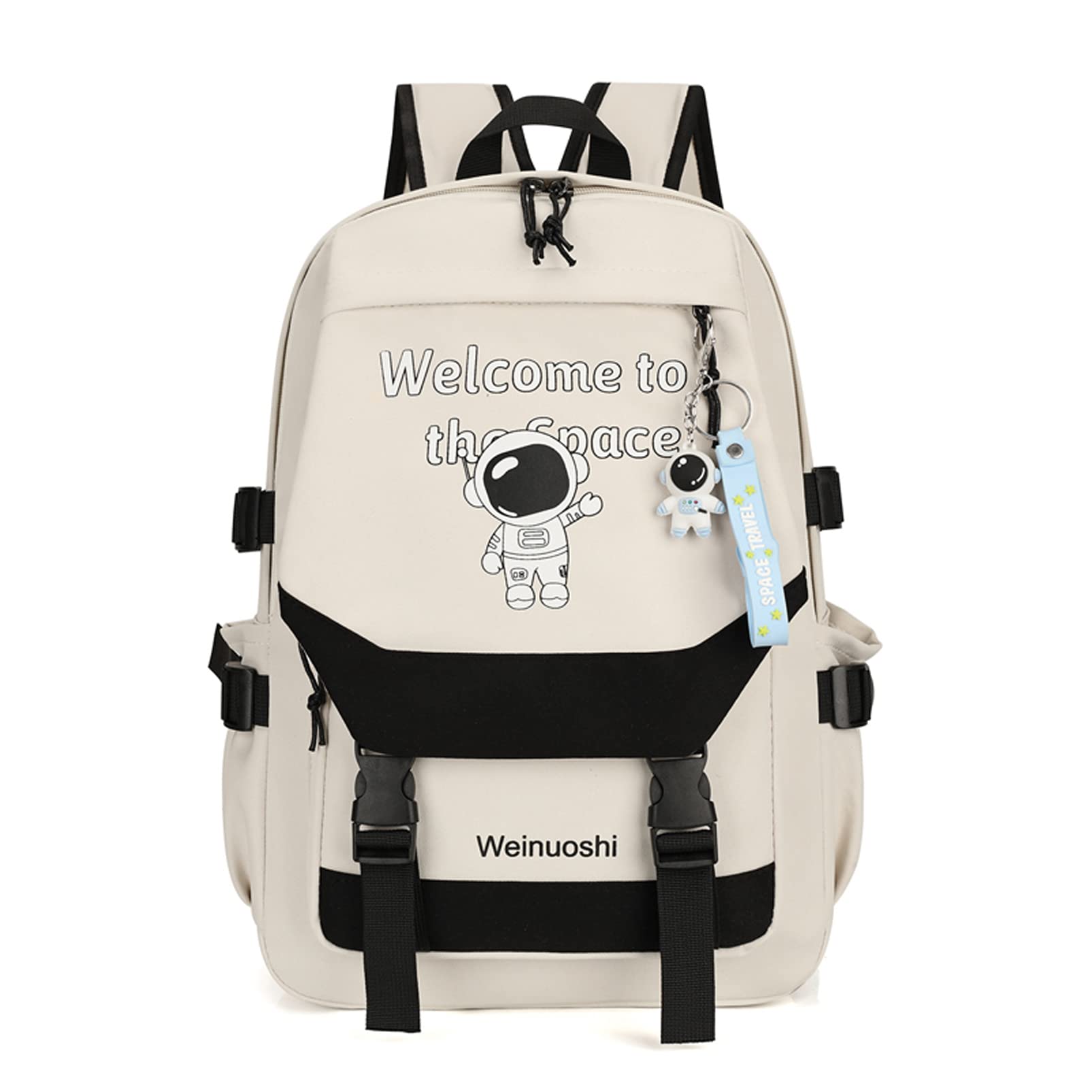 Stylish Preppy Backpack for School & College - Trendy Astronaut Pendant Design - Durable Teen Backpack for Boys & Girls (White) - Perfect for Daily Use, Travel & Outdoor Adventures