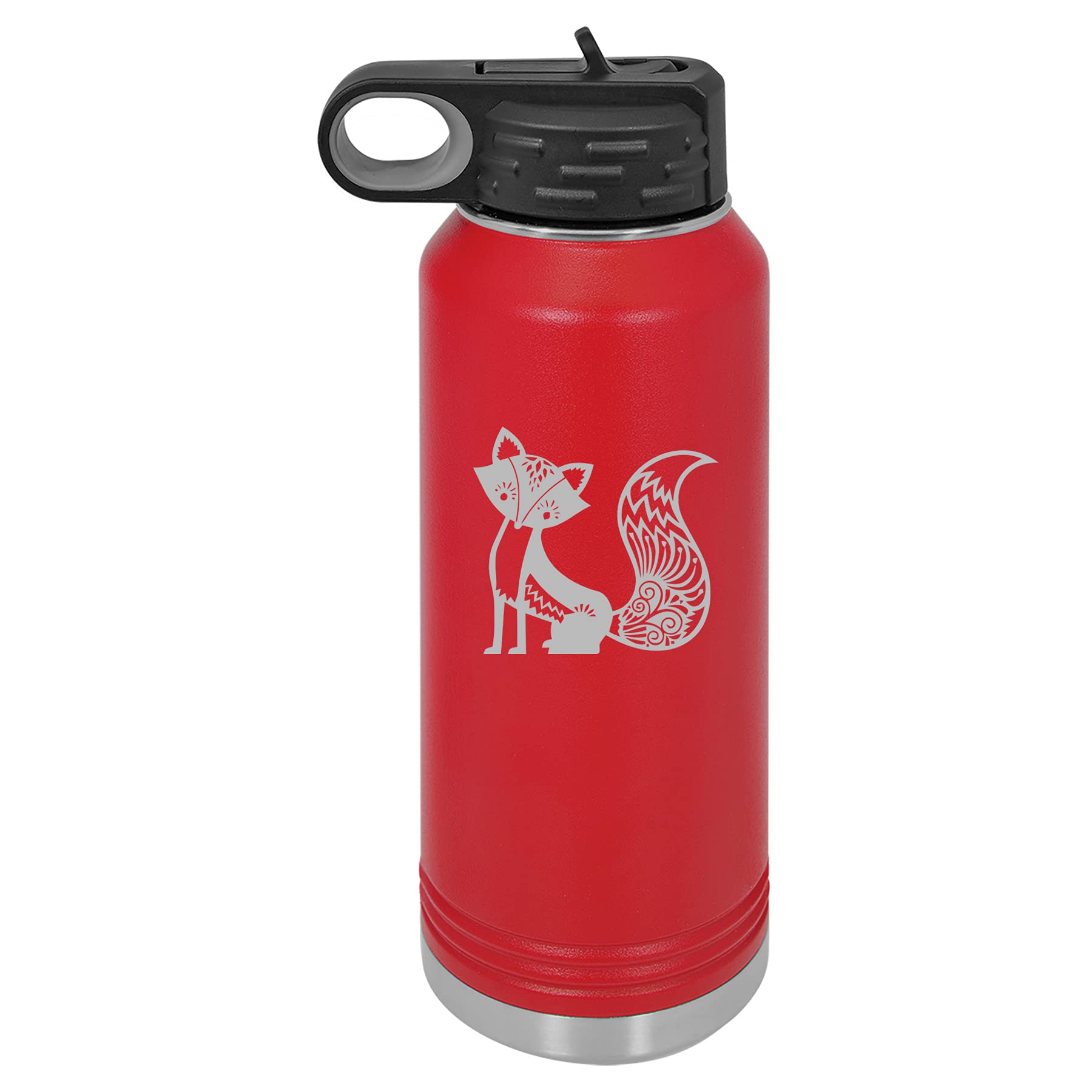 32 oz. Double Wall Vacuum Insulated Stainless Steel Water Bottle - Leakproof Travel Mug with Straw Lid, Keeps Drinks Hot/Cold for 24 Hours, Fancy Fox Design (Red) - Perfect for Hiking, Gym, Office & Outdoor Activities