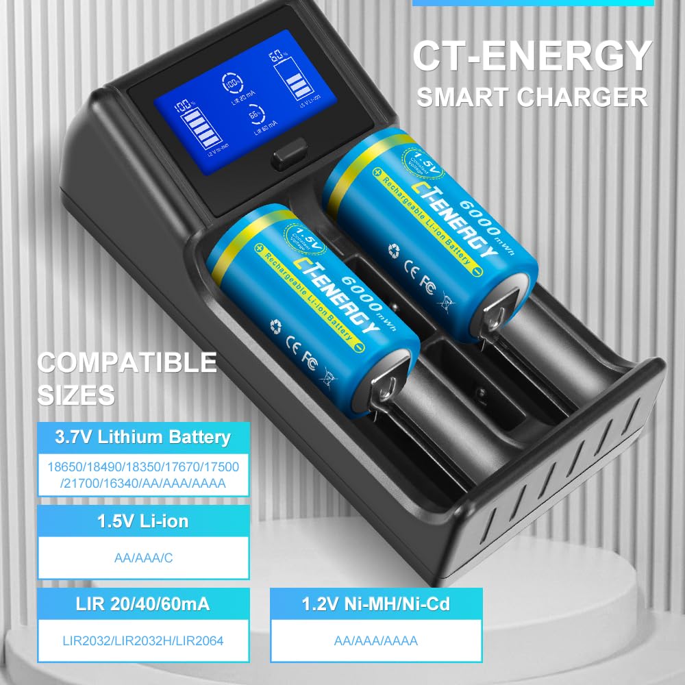Rechargeable 1.5V Lithium C Batteries with Charger - 2 Pack for Flashlights, Emergency Kits & Camping Gear