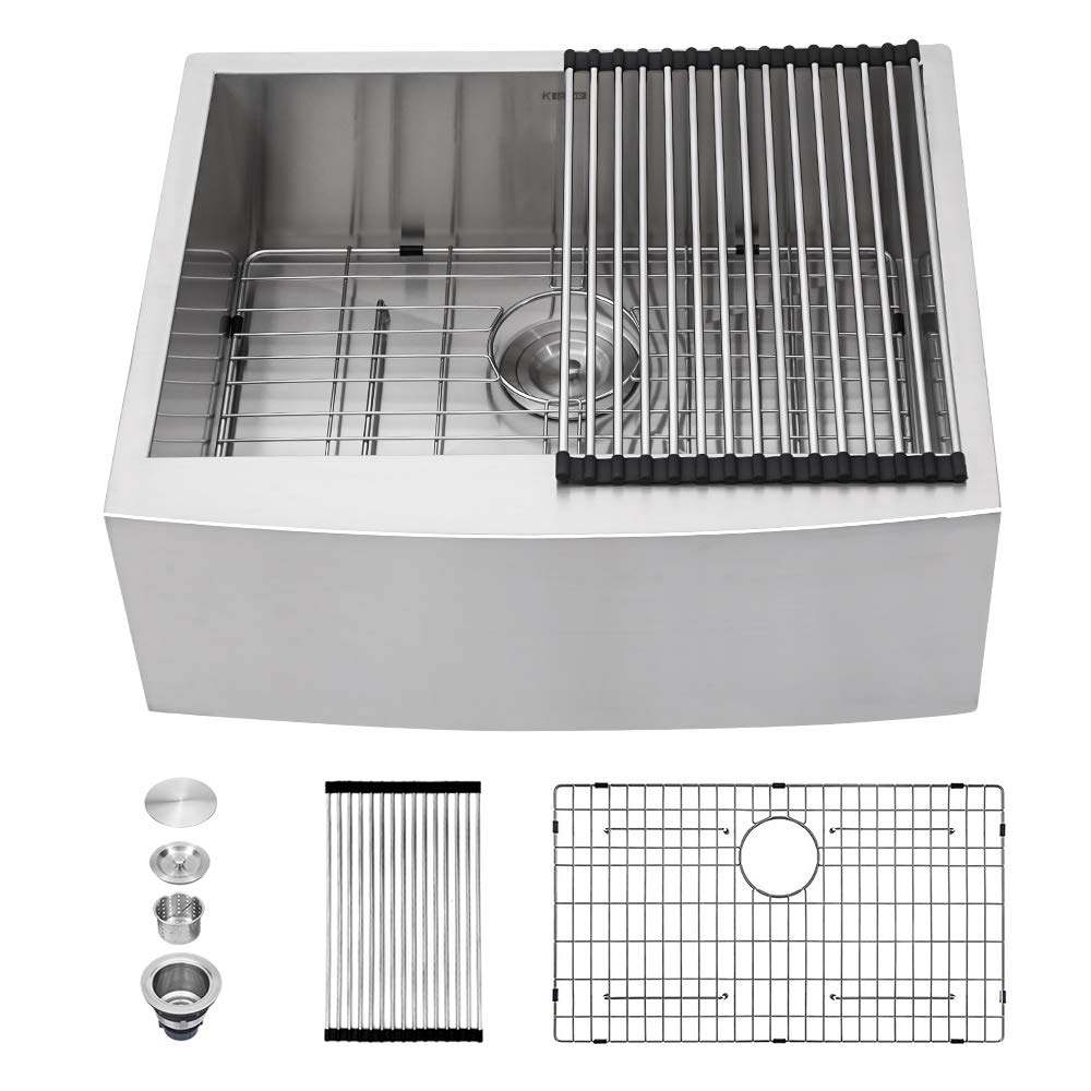 24 Inch Farmhouse Apron Front Stainless Steel Kitchen Sink with Accessories - Single Bowl Design, Bottom Grid & Roll-Up Dish Drying Rack - Perfect for Farmhouse, Hotel, and Restaurant Kitchens