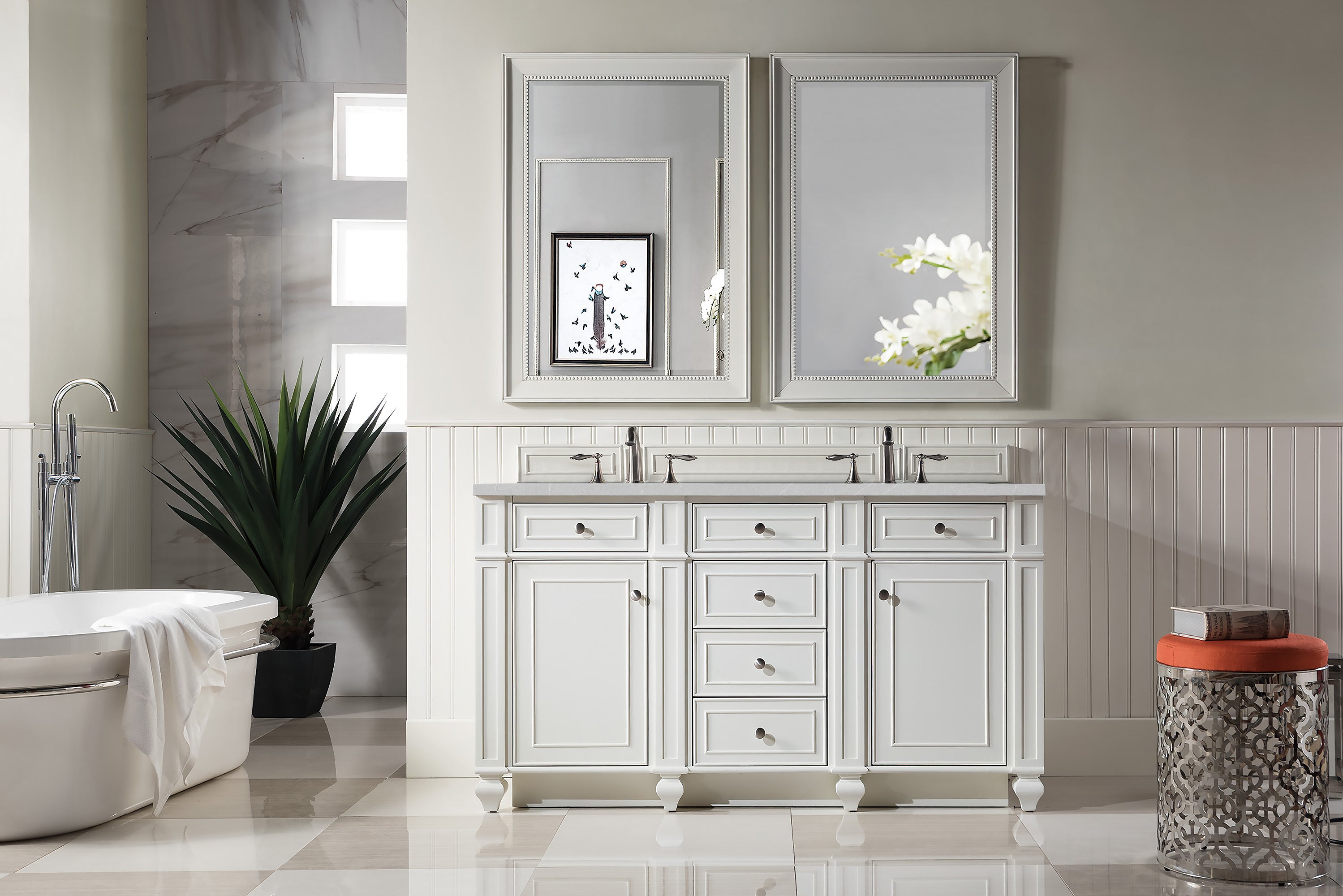 Bristol 60 Inch Double Bathroom Vanity with 3CM Eternal Serena Quartz Top in Bright White - Perfect for Master Bathroom, Guest Bath, or Modern Home Renovation