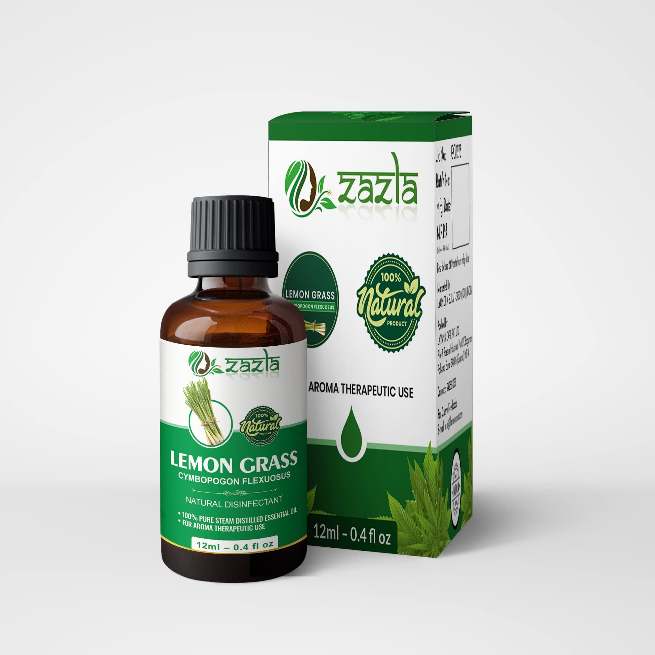 Zazla 100% Pure Lemongrass Essential Oil - Undiluted Therapeutic Grade for Hair Growth, Skin Moisturizing, Aromatherapy & Diffuser Use - 12ml (Pack of 1) | Perfect for Spa, Massage, Relaxation & Home Fragrance