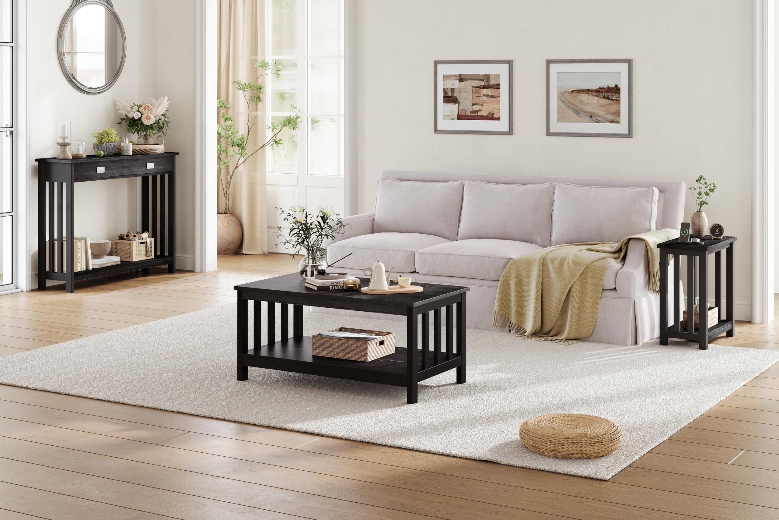 ChooChoo Mission Coffee Table - 40 Inch Black Wood Living Room Table with Shelf | Stylish & Functional Centerpiece for Small Spaces, Apartments, and Modern Home Decor