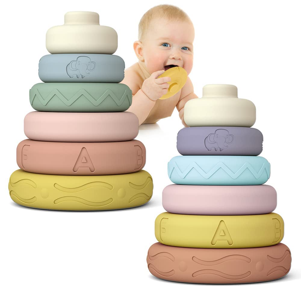 12 PCS Baby Stacking & Nesting Toys - Soft Stacking Blocks Ring Stacker with Letters, Animals & Shapes | Early Learning Sensory Toys for Toddlers & Infants | Perfect for Playtime, Nursery & Montessori Education