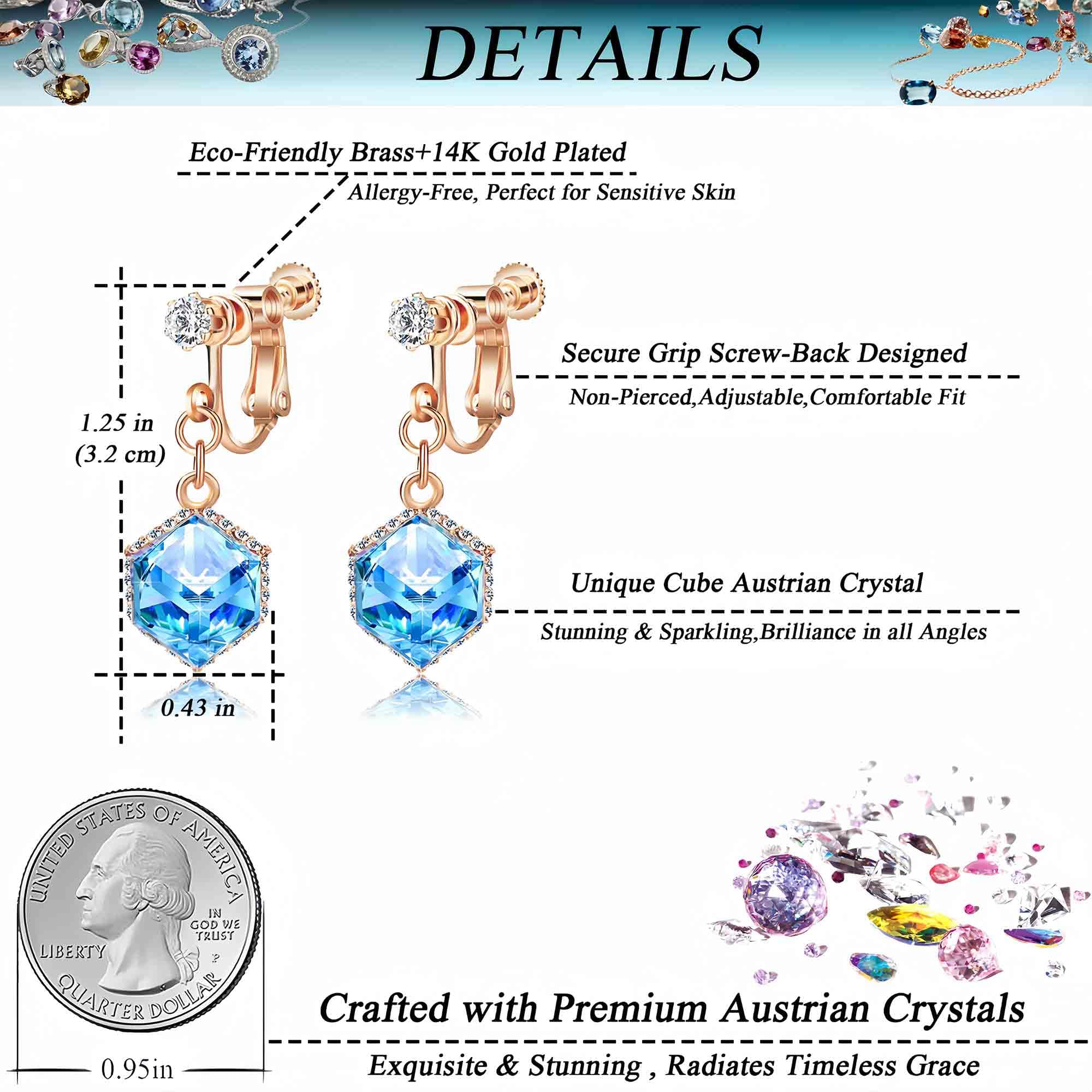 Austrian Crystal Drop Clip-On Earrings for Women - Non-Pierced 14K Rose Gold Plated Hypoallergenic Jewelry - Perfect for Weddings, Parties & Special Occasions