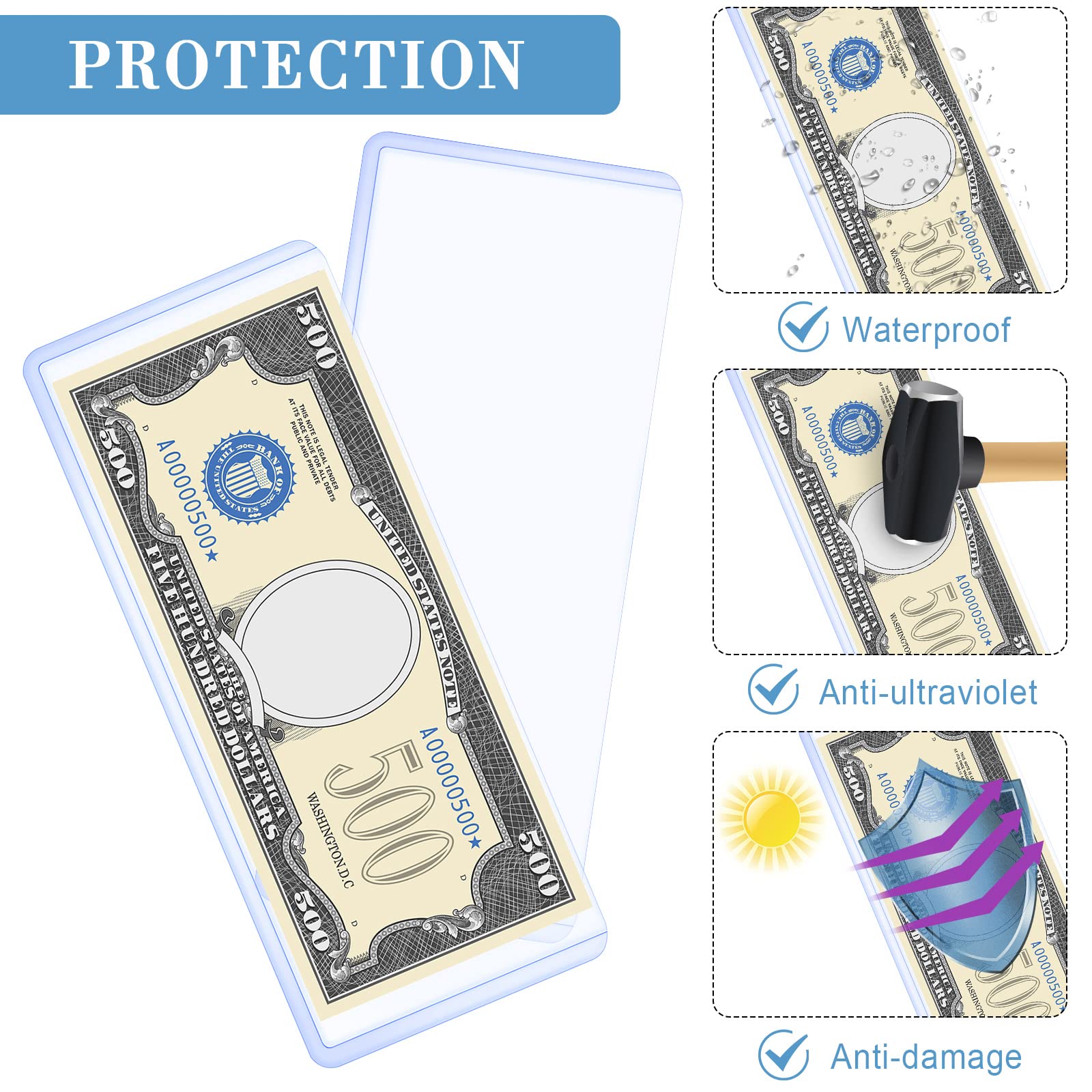 Premium PVC Transparent Bill Holders - 6.9 x 2.95 Inch Clear Currency Sleeves for Regular Bills (60 Pack) | Perfect for Cash Display, Collection Protection & Retail Money Organization