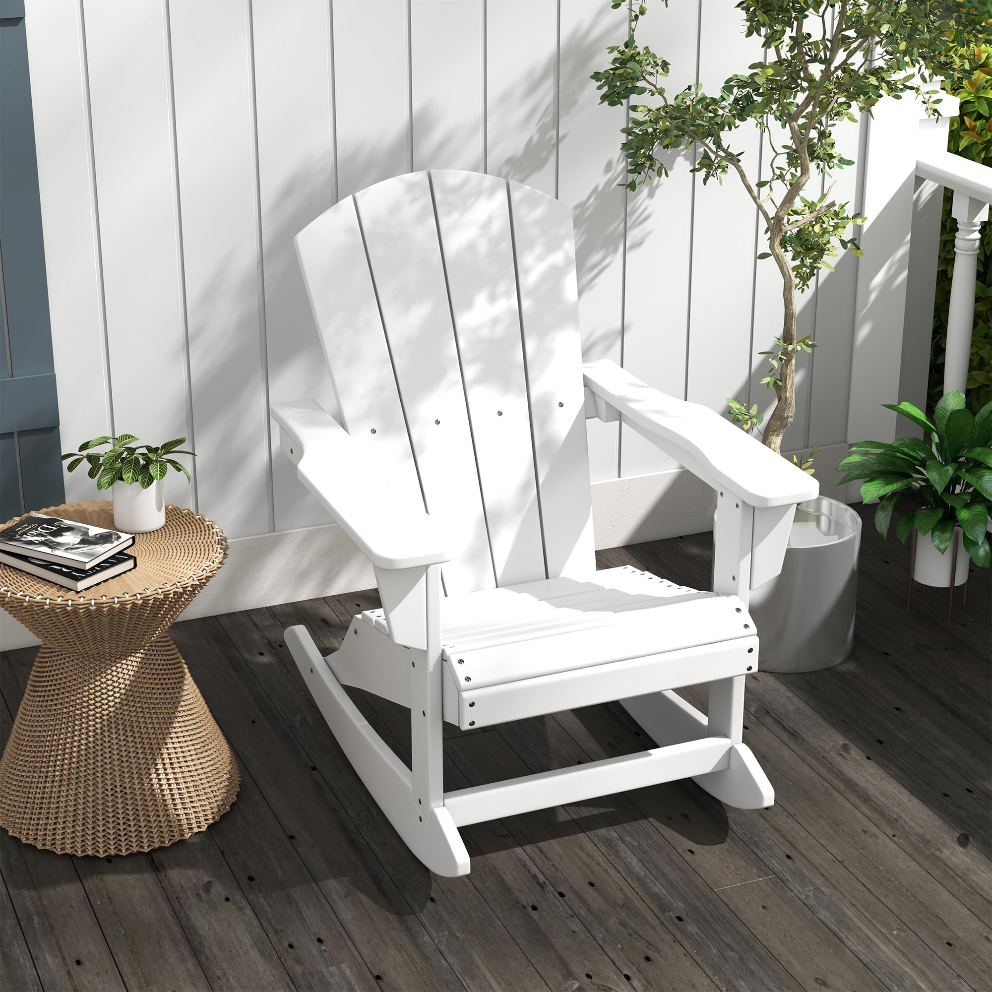 Outsunny White All-Weather HDPE Adirondack Rocking Chair - Durable Porch Rocker for Patio, Garden, Lawn & Backyard - Perfect for Relaxing by the Fire Pit or Outdoor Lounging