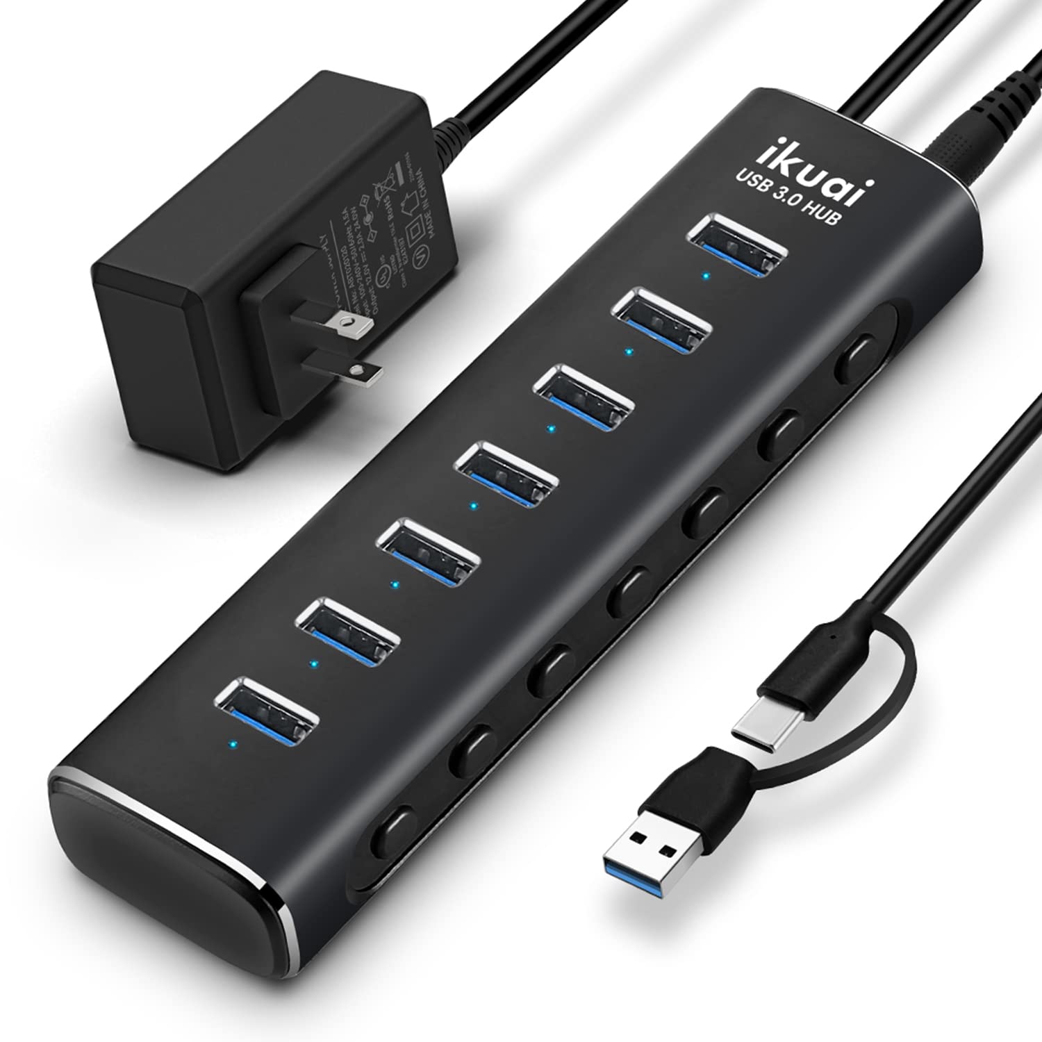 7-Port USB 3.0 & USB C Hub with AC Adapter - Aluminum Multi-Port Splitter with Individual On/Off Switches & 3.3ft Cable for Laptop, Mac, PC - Perfect for Home Office, Gaming Setup & External Storage Devices