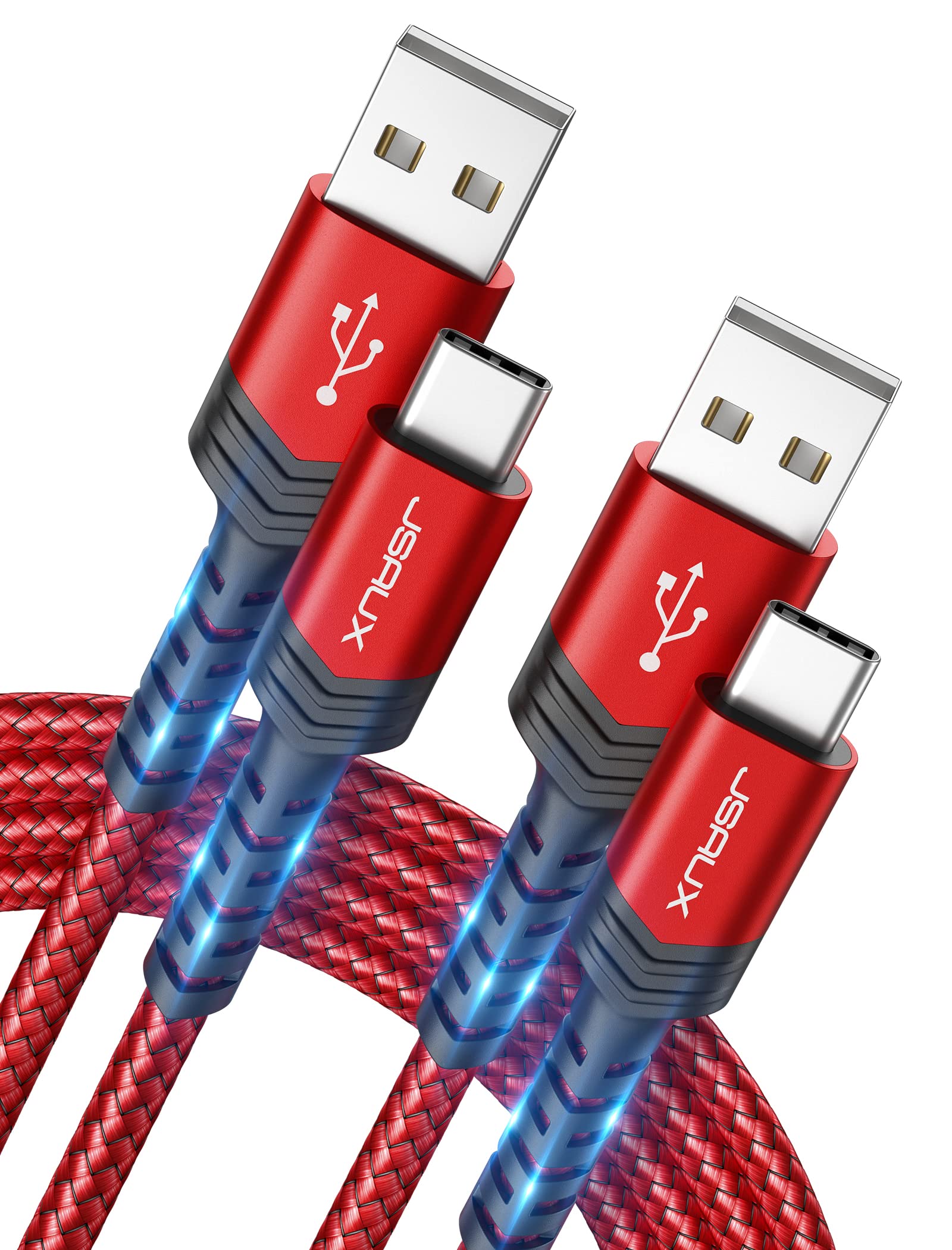 JSAUX 2-Pack 3.3FT USB C to USB C Fast Charging Cable 3.1A Braided Nylon Cord - Compatible with iPhone 16/15/Pro/Max/Plus, Samsung Galaxy S24/S23/S22/Note 10, PS5 Controller, LG One Plus - Perfect for Home, Office & Travel Charging (Red)