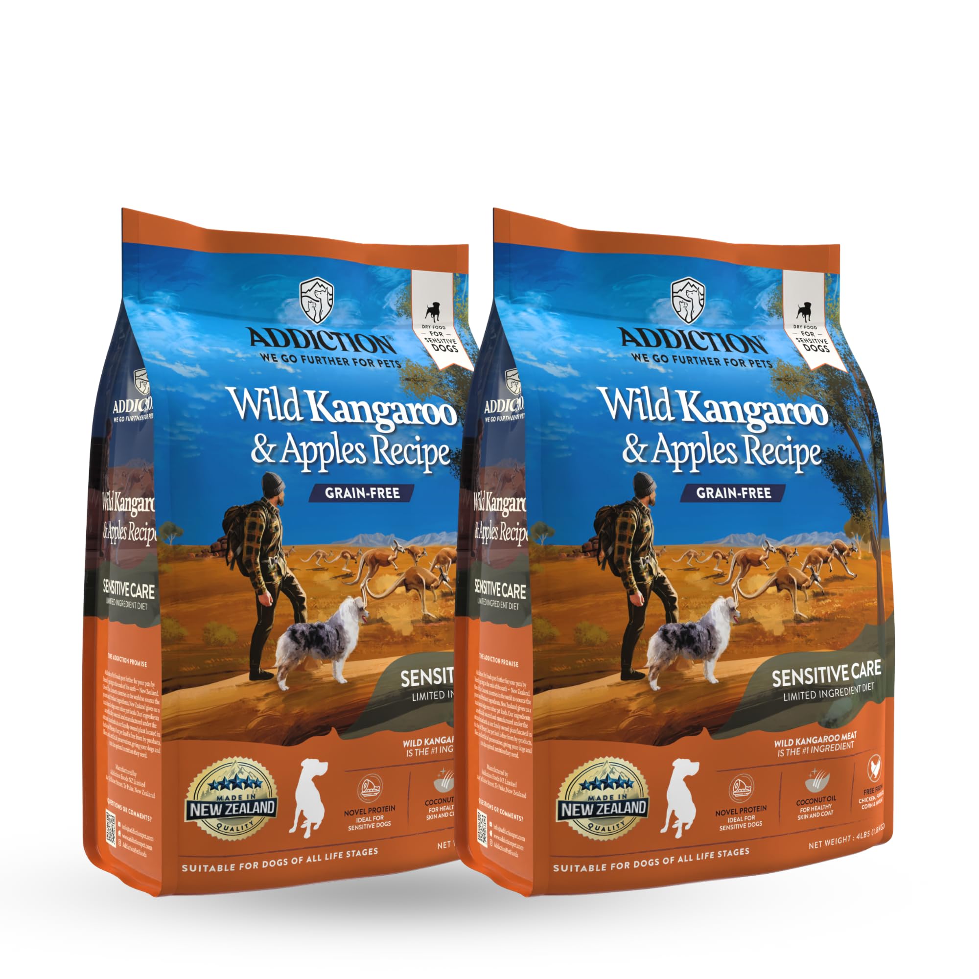 Addiction Wild Kangaroo & Apples Grain-Free Dry Dog Food - Limited Ingredient Novel Protein for Muscle & Weight Management - Ideal for Dogs with Food Allergies - 4lb (2 Packs) - Perfect for Sensitive Stomachs & Allergy-Prone Dogs at Home or Travel