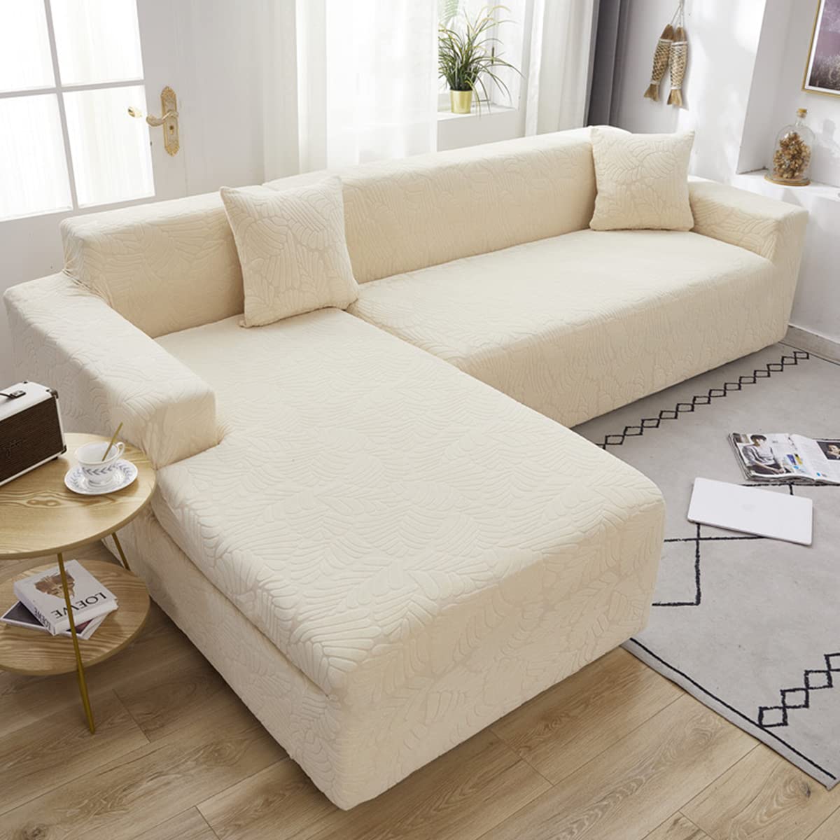 4-Seat Velvet Stretch Sofa Cover - 1 Piece Plush Sofa Protector for L-Shaped Sectional Couch, Light Yellow | Soft & Durable Furniture Protector for Living Room, Family Room & Home Decor