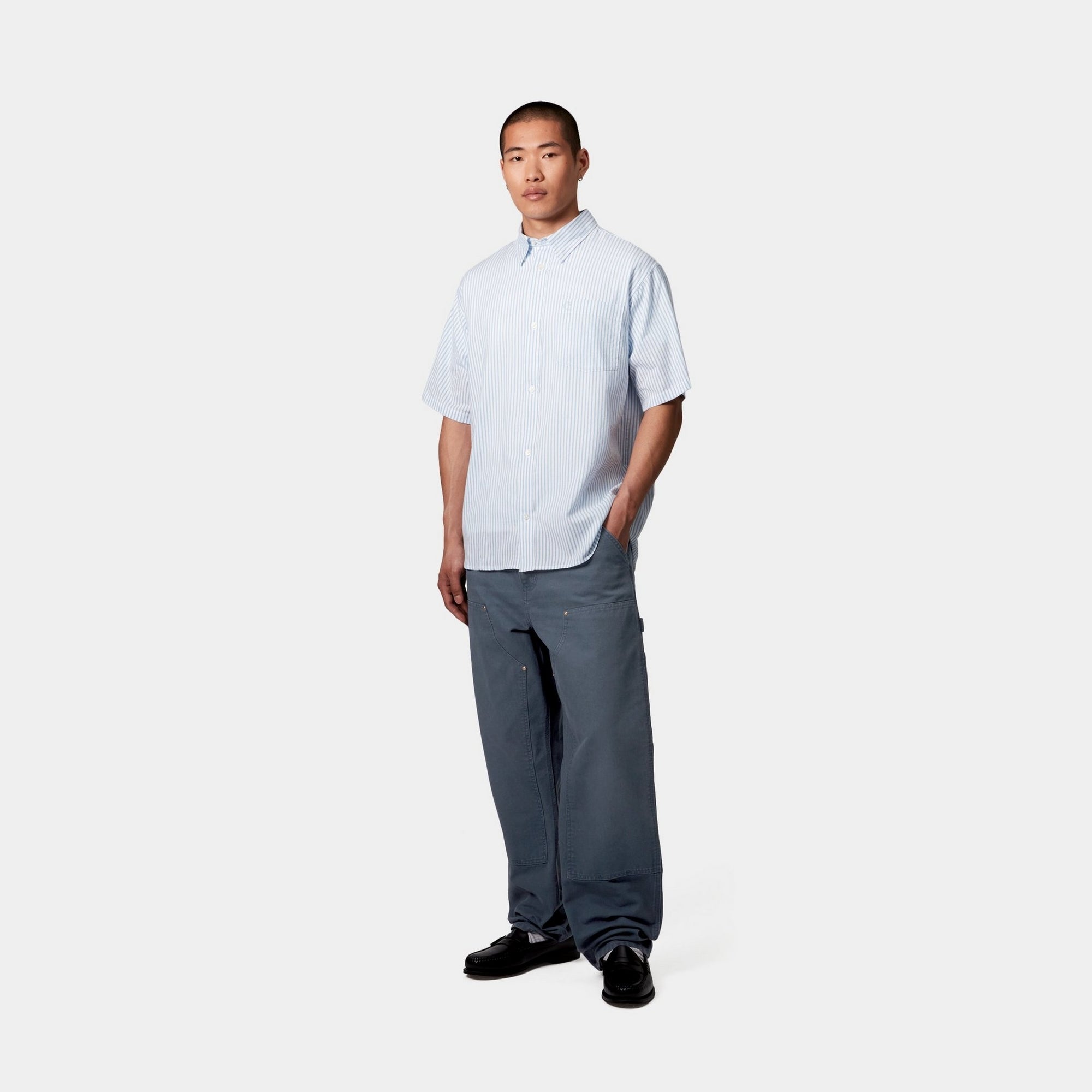 Double Knee Work Pants - Durable Stone Canvas Fabric in Dusky Blue | Heavy-Duty Workwear for Construction, Carpentry & Outdoor Activities