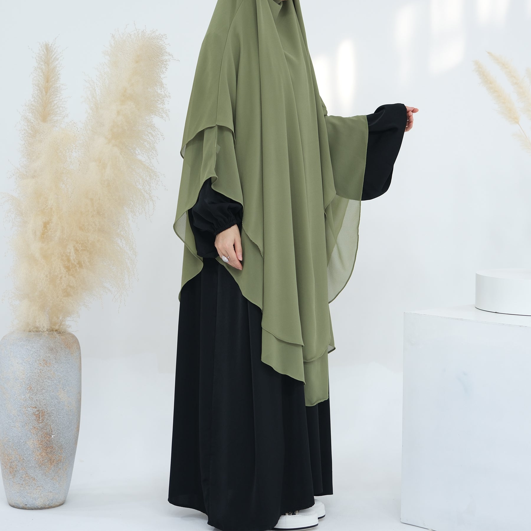 2 Layer Maxi Chiffon Khimar - Moss Green Islamic Prayer Dress for Women | Modest Muslim Abaya Cover | Perfect for Prayer, Mosque & Special Occasions