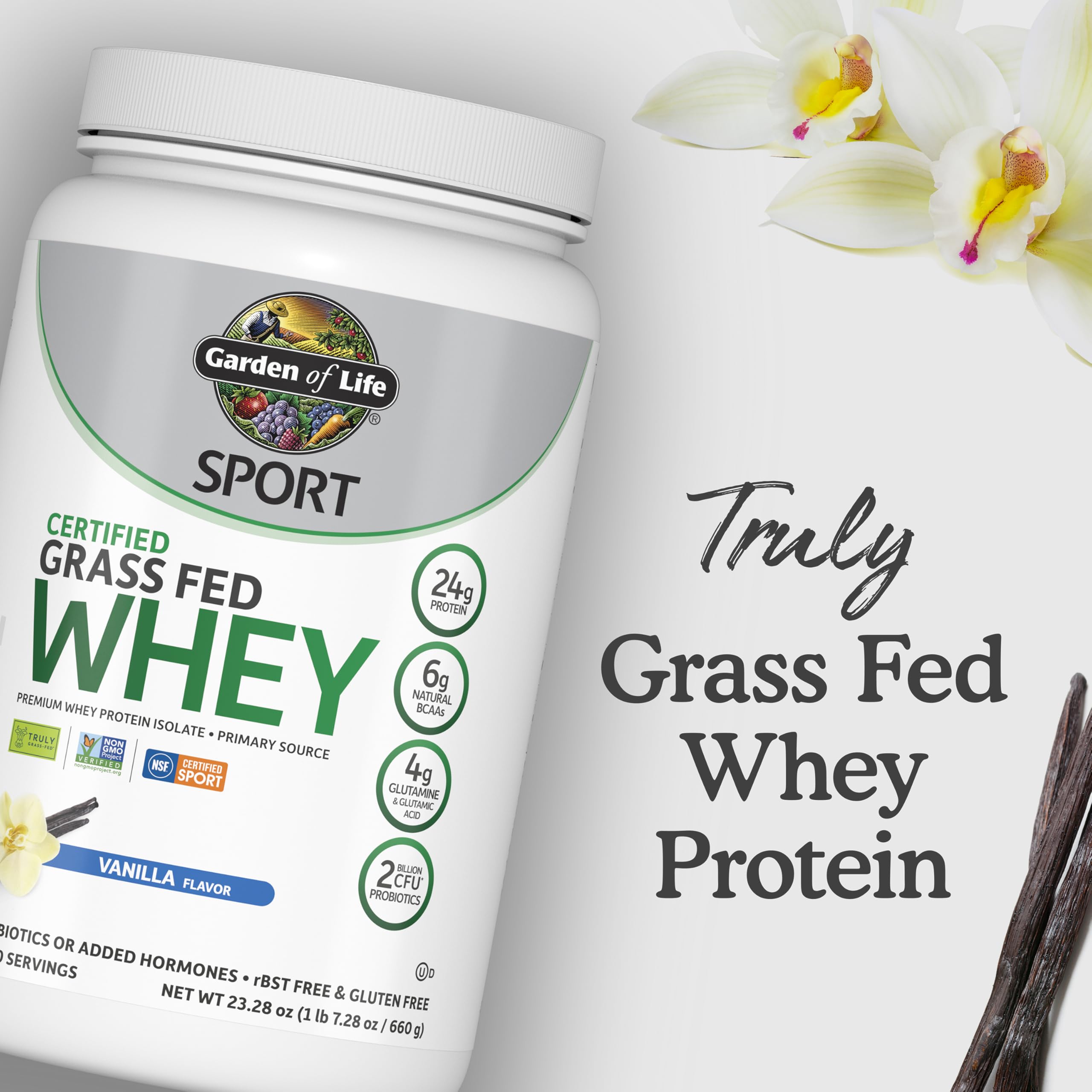 Garden Of Life Sport Whey Protein Powder - Grass Fed Vanilla Flavor, 23oz (652g) | Post-Workout Recovery & Muscle Building Supplement for Athletes