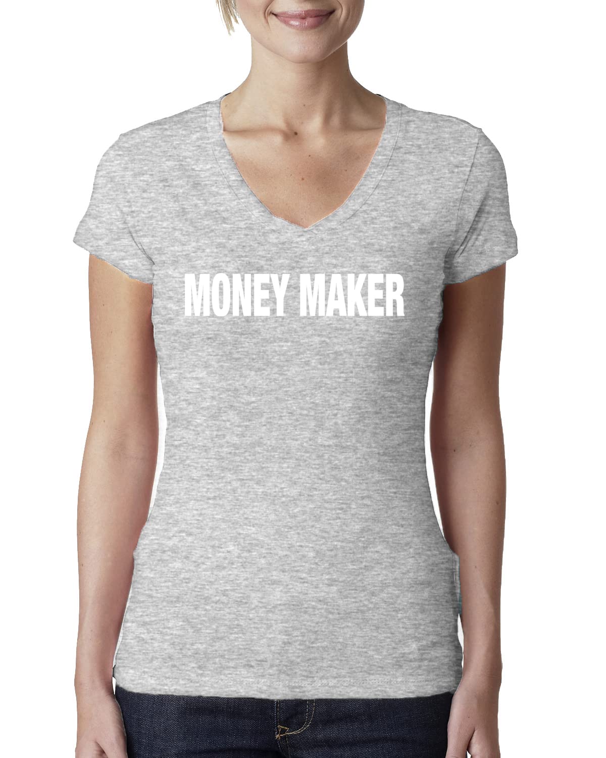 Wild Bobby Money Maker Dollar Cents Humor Women's Junior Fit V-Neck T-Shirt - Funny Work Life Support Tee for Casual Wear & Office Outfits